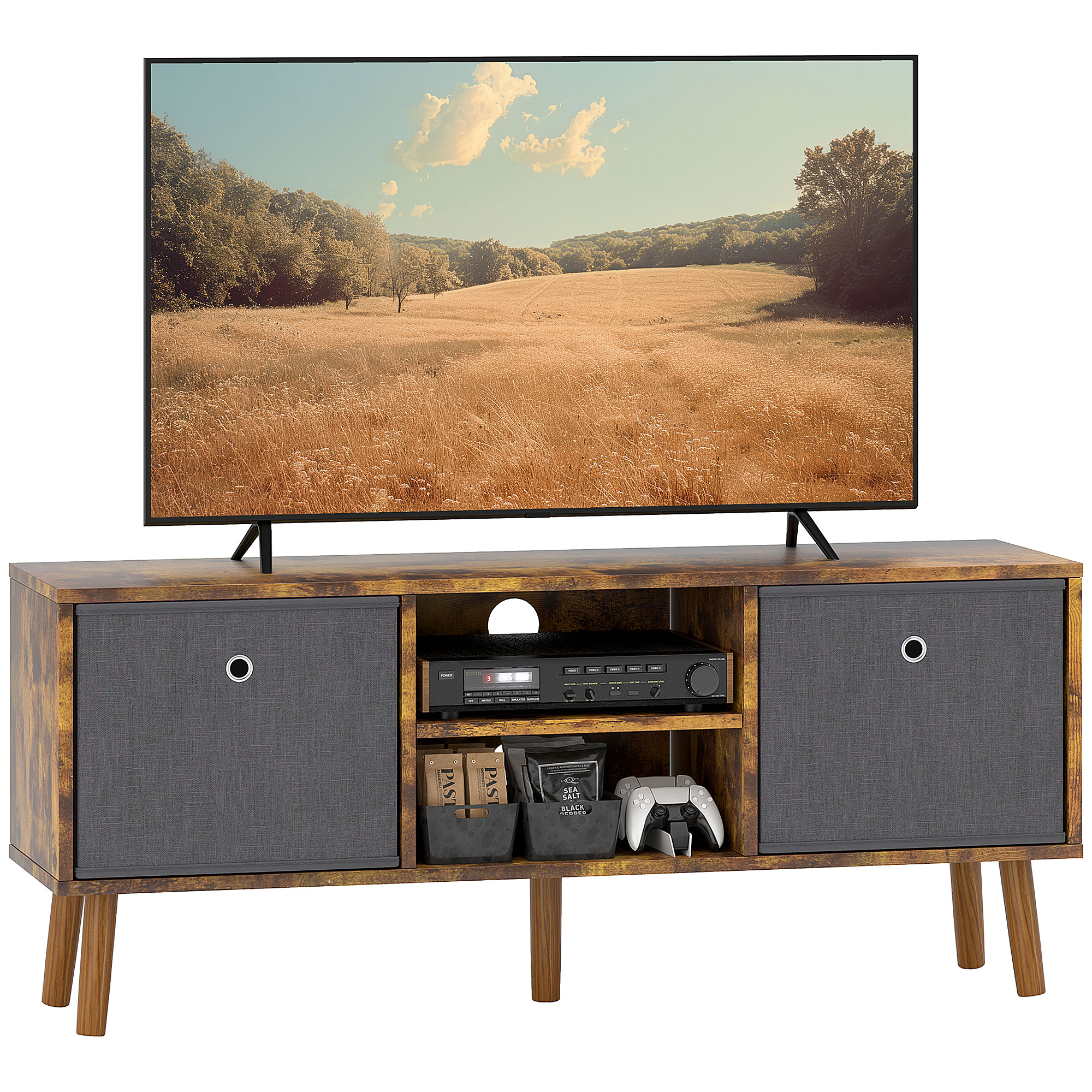 HERON TV Cabinet Stand Unit for TVs up to 50'' with Foldable Drawers, Entertainment Centre for Living Room Rustic Brown - Life Essentials
