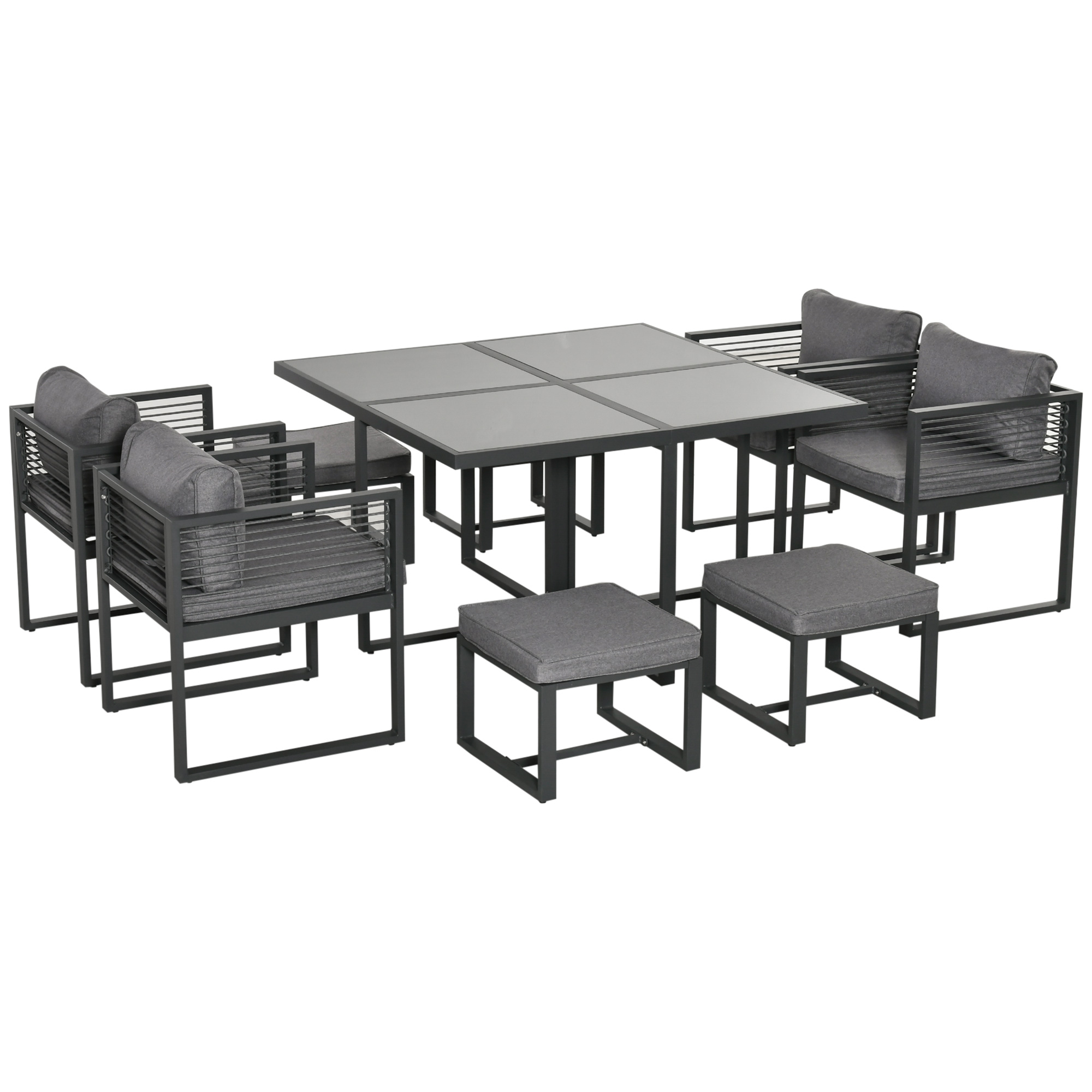 8 Seater Garden Dining Cube Set Aluminium Outdoor Furniture Set Dining Table, 4 Chairs and 4 Footstools with Cushion, Grey - Life Essentials