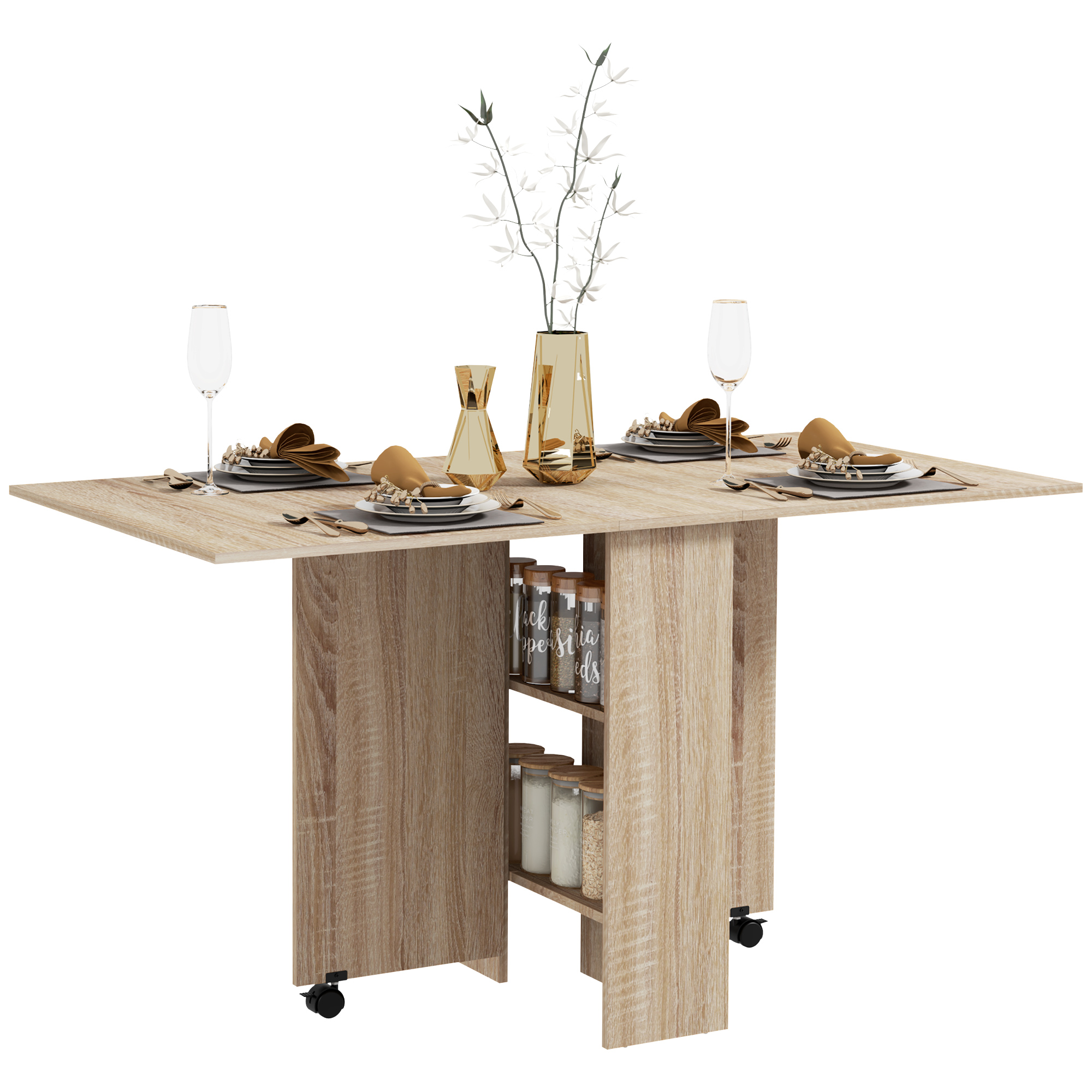 Folding Dining Table, Drop Leaf Table for Small Spaces with 2-tier Shelves, Small Kitchen Table with rolling Casters - Life Essentials
