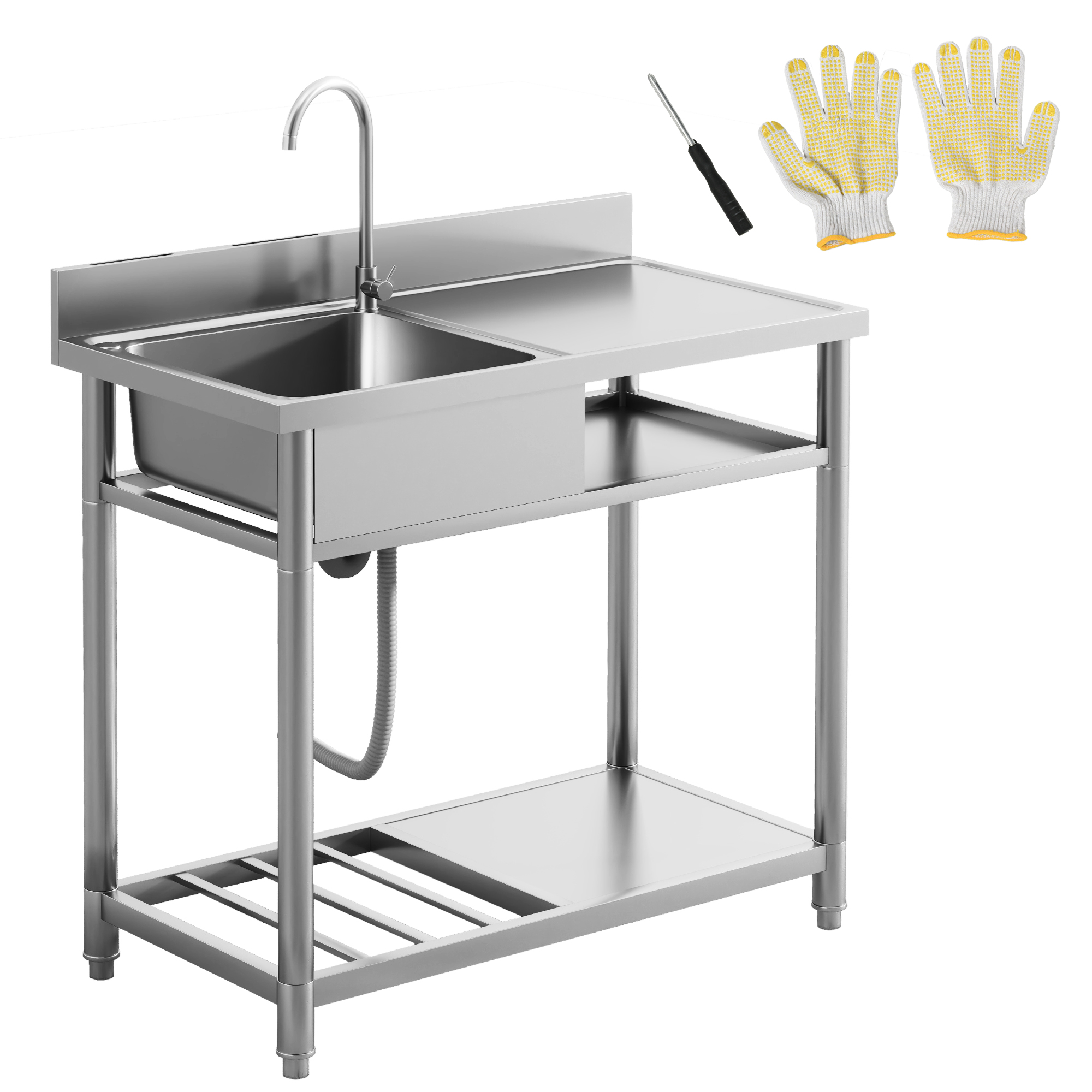 HERON Outdoor Stainless Steel Kitchen Sink, Freestanding Sink Single Bowl with Cold and Hot Water Pipe and Storage Shelves - Life Essentials
