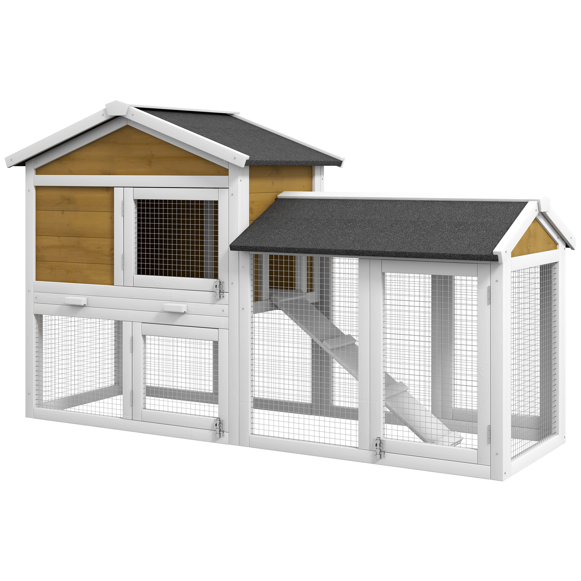 PAWSTER Wooden Rabbit Hutch Outdoor, Double Tier with Water-Resistant Roof, Ramp 147 x 54 x 84 cm, Yellow - Life Essentials