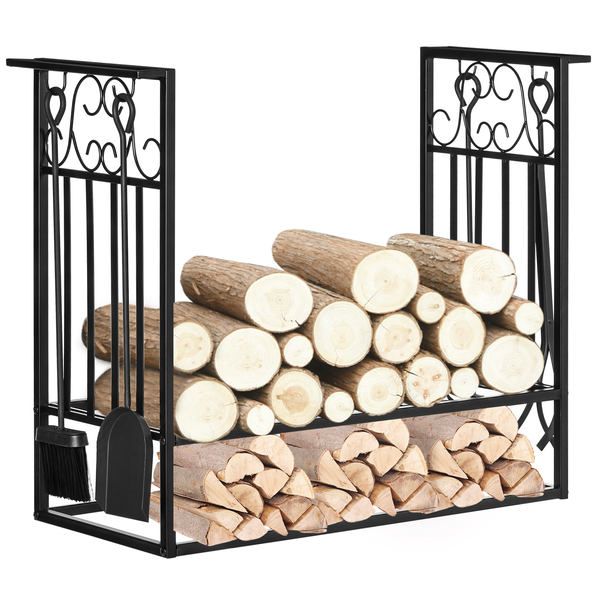 Vintage Style Powder Coated Steel Firewood Log Rack Holder w/ Shovel Broom Poker Tong Tools Hooks Indoor Outdoor Home Storage Black - Life Essentials