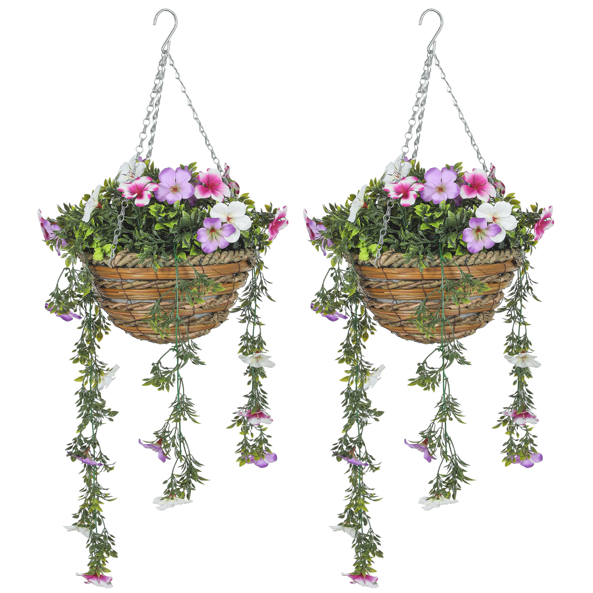 HERON Set of 2 Decorative Artificial Plants, Faux Silk Azalea Flowers in Hanging Baskets, Fake Plants for Home Indoor Outdoor Decor, Pink and White - 