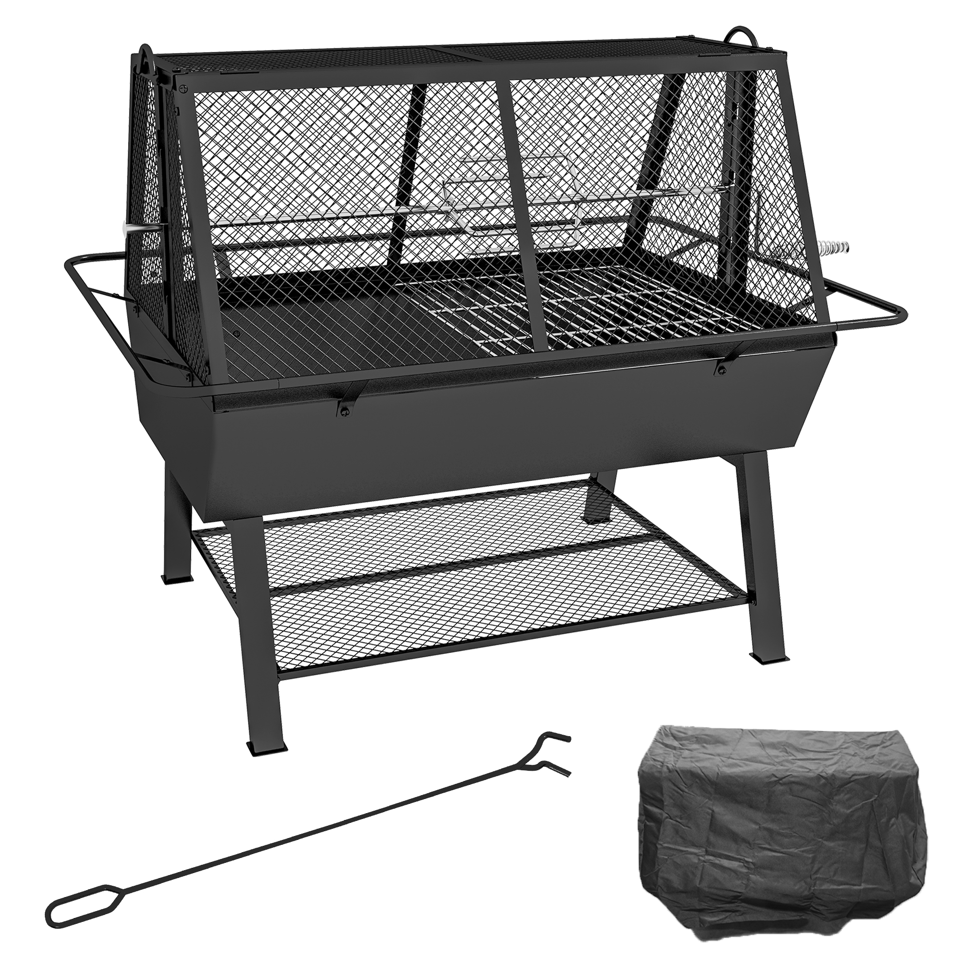 3-in-1 Charcoal Barbecue Grill, Rotisserie Roaster, Fire Pit with Storage Shelf and Mesh Lid - Life Essentials