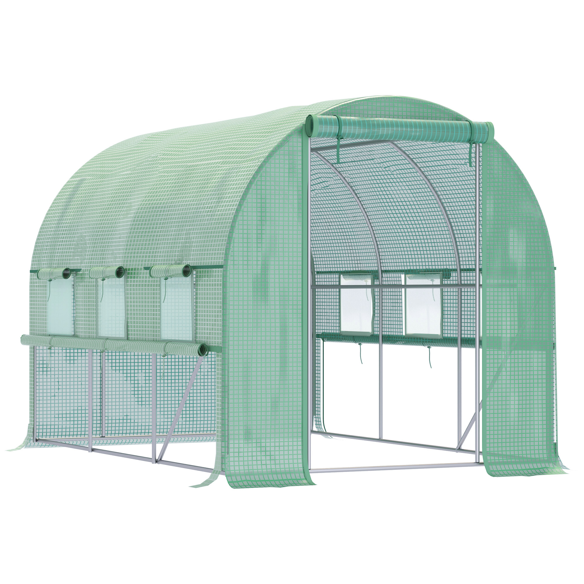 Walk In Greenhouse, Garden Polytunnel with PE Cover, Zipped Roll Up Door and 6 Mesh Windows, 3x2x2m, Green - Life Essentials