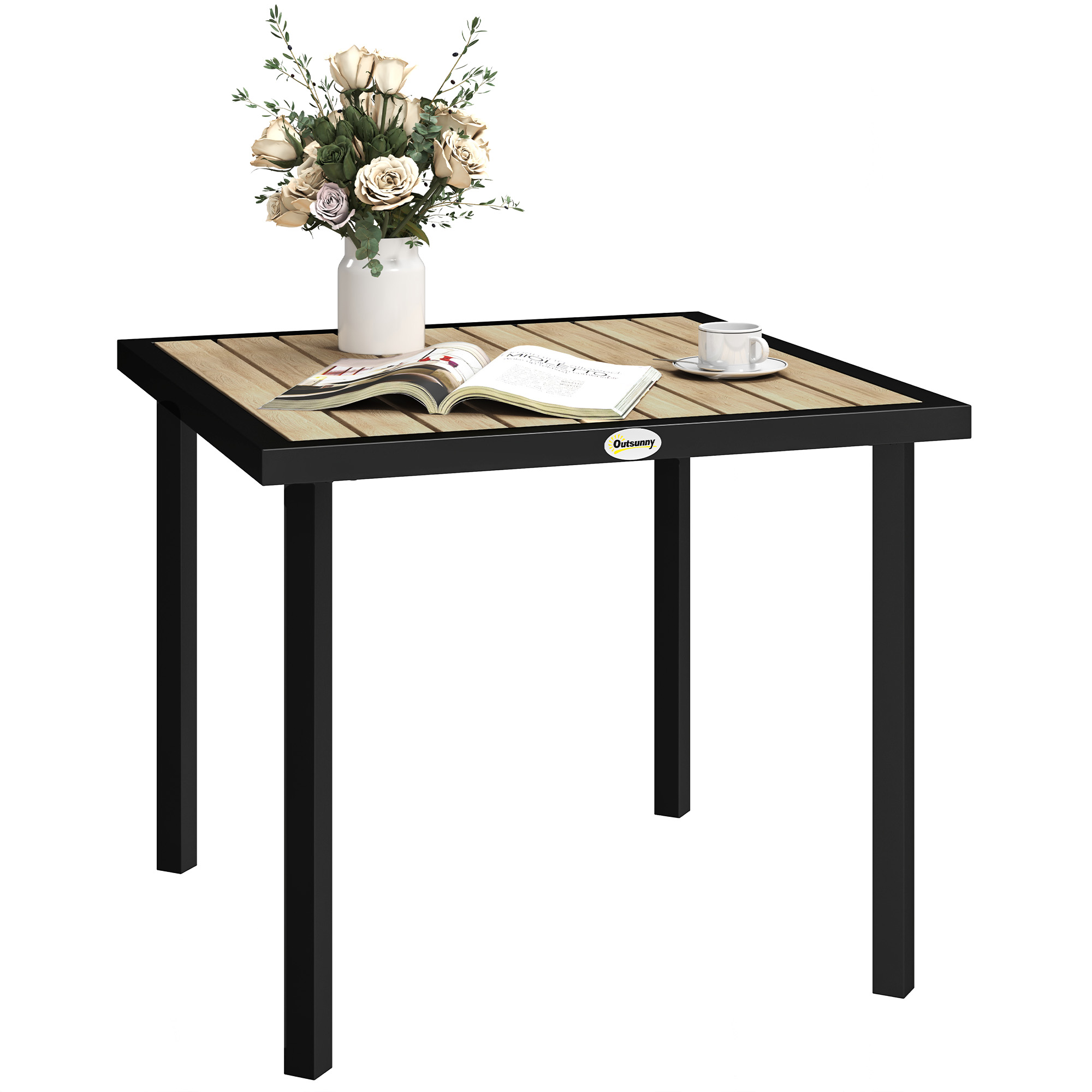SUNVISTA Square Garden Dining Table with 5.4cm Parasol Hole, Slatted Top, Metal Frame, 86 x 86 x 71cm, Brown - Life Essentials