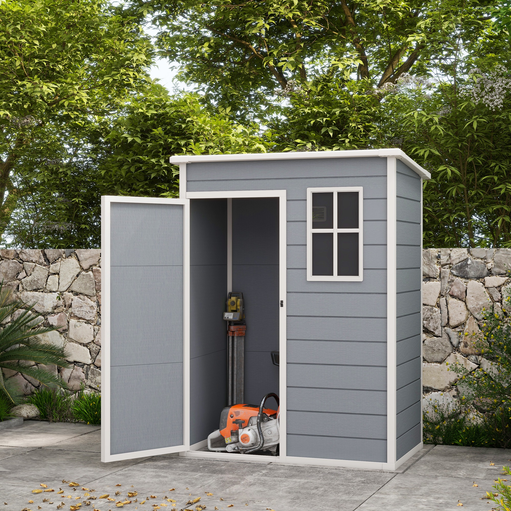 SUNVISTA 5' x 3' Garden Shed with Floor, Outdoor Storage Shed with Lockable Door, Window and Vent for Garden, Patio, Grey - Life Essentials