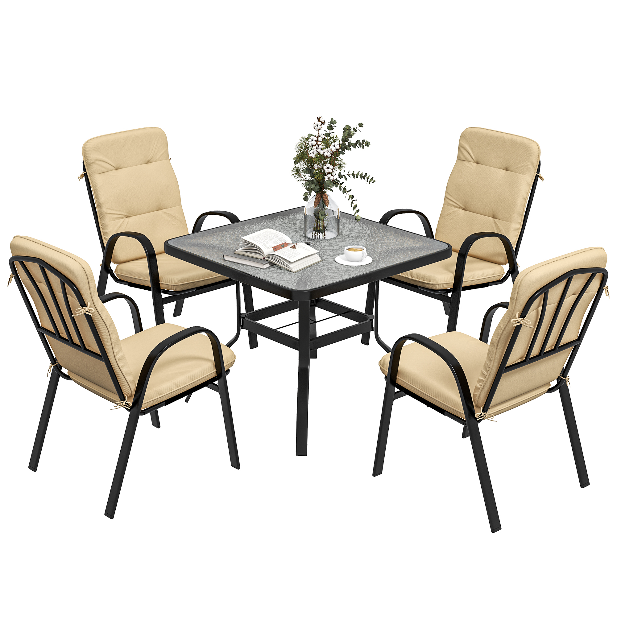 5 Pieces Outdoor Square Garden Dining Set w/ Tempered Glass Dining Table 4 Cushioned Armchairs, Umbrella Hole, Beige - Life Essentials