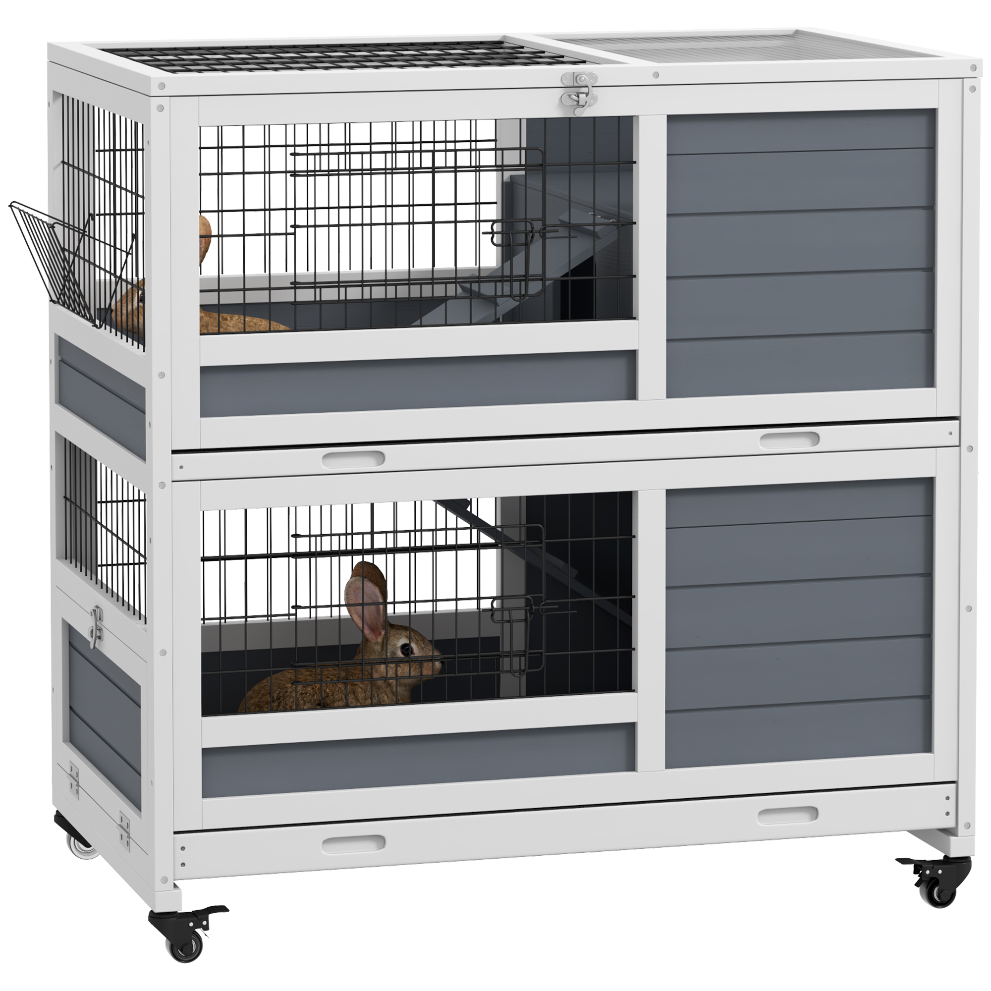 Double Deckers Guinea Pig Cage Rabbit Hutch Indoor with Feeding Trough, Trays, Ramps, Openable Top - Grey - Life Essentials
