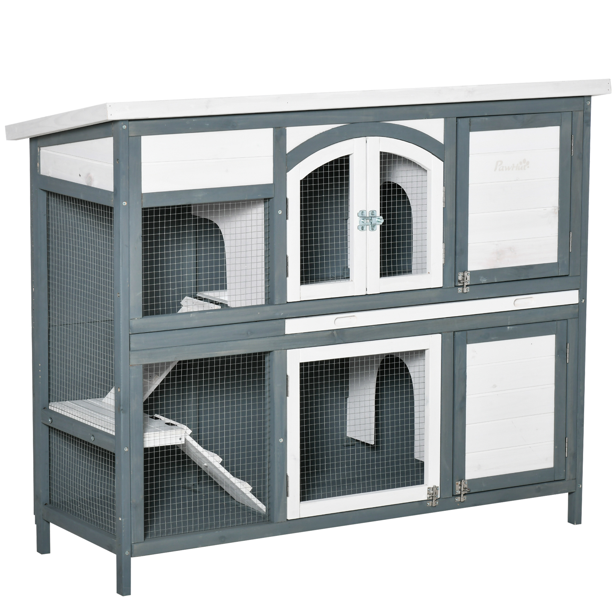 Two-Tier Wooden Rabbit Hutch Guinea Pig Cage w/ Openable Roof, Slide-Out Tray, Ramp - Grey - Life Essentials