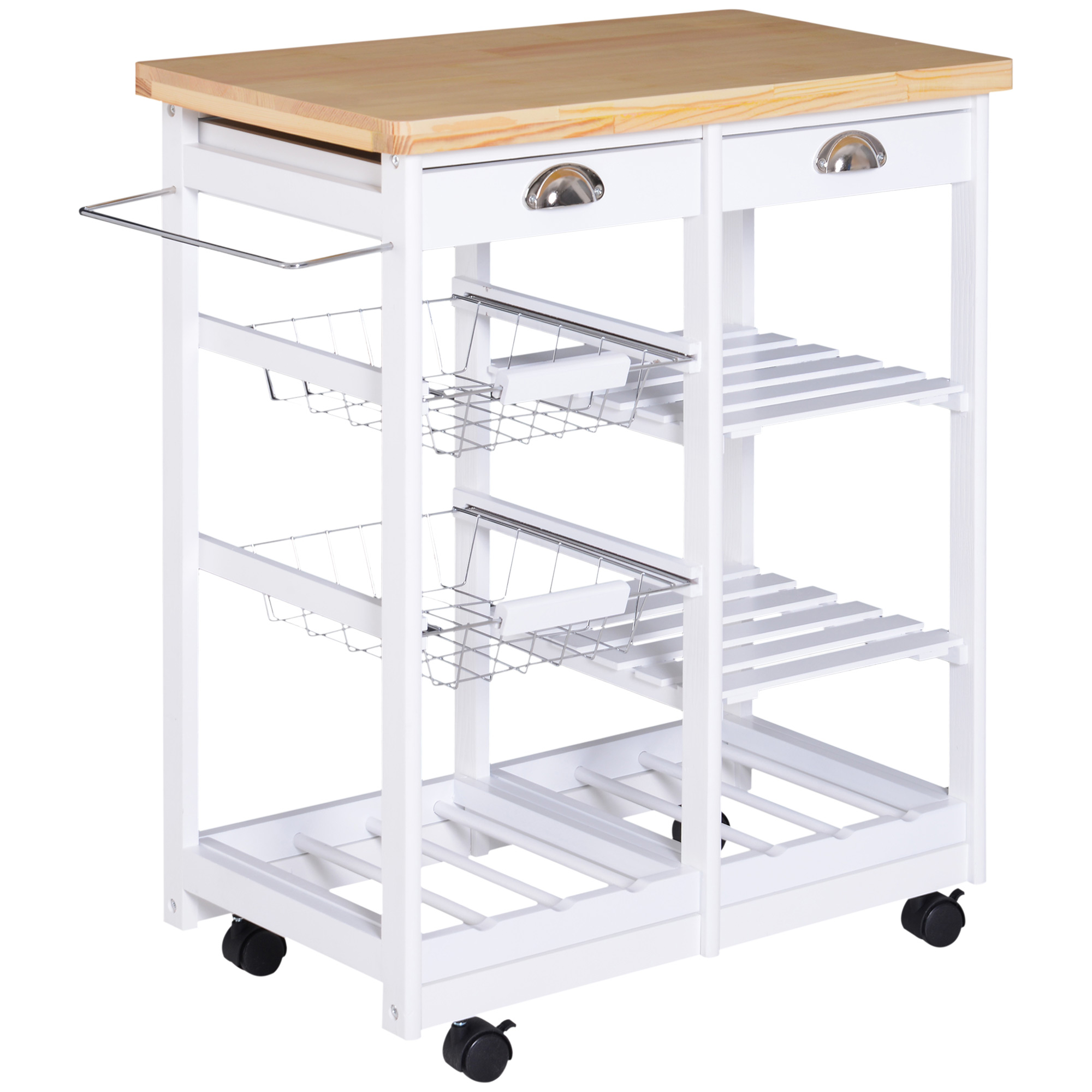 Rolling Kitchen Island Trolley Cart Drawer Shelves Basket Wheels W/ 6 Bottle Wine Rack White - Life Essentials