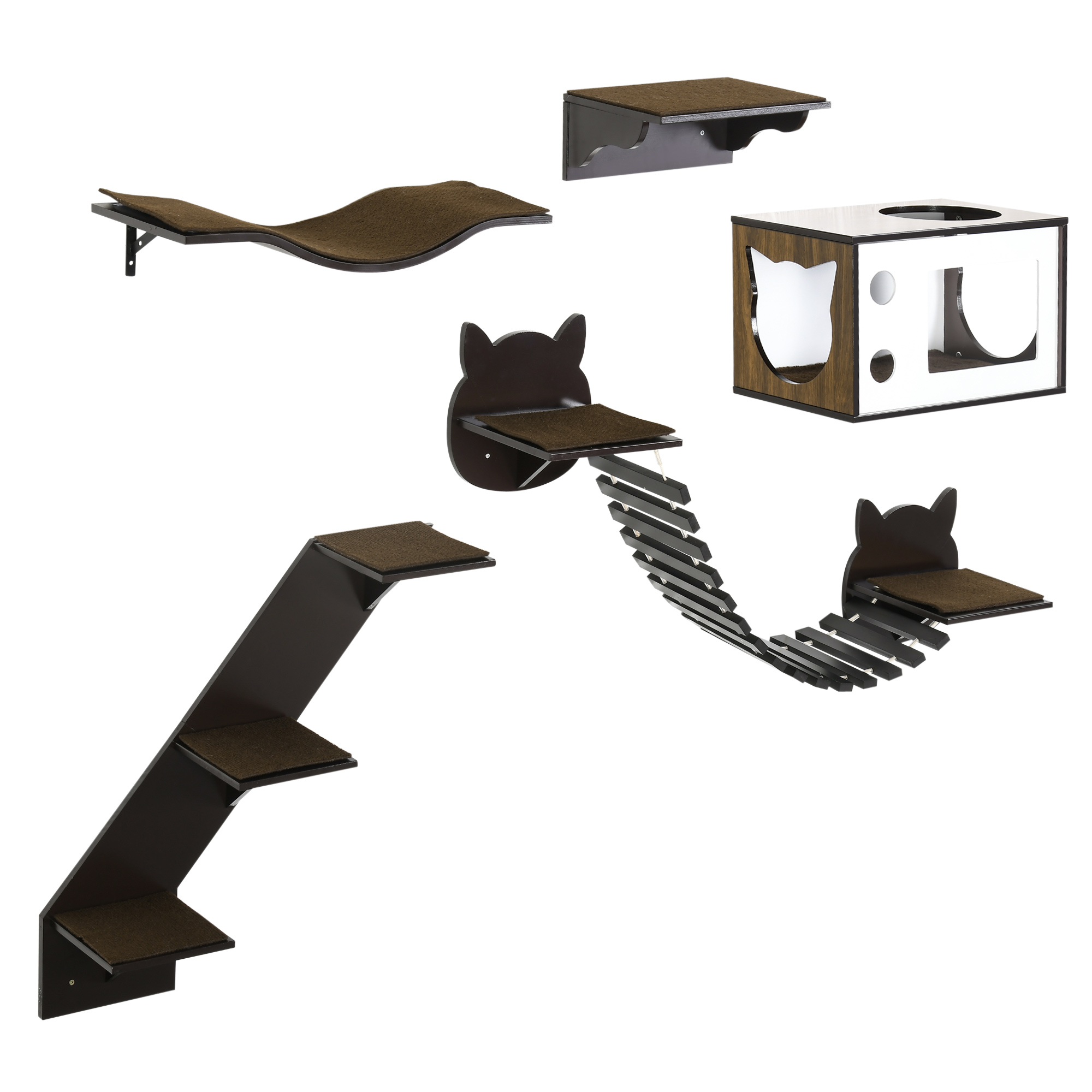5 Pieces Cat Wall Shelves with Curved Platform, Cat Condo, Bridge, Stairs, and Perch, Wall Mounted Cat Tree for Indoor Use, Brown - Life Essentials