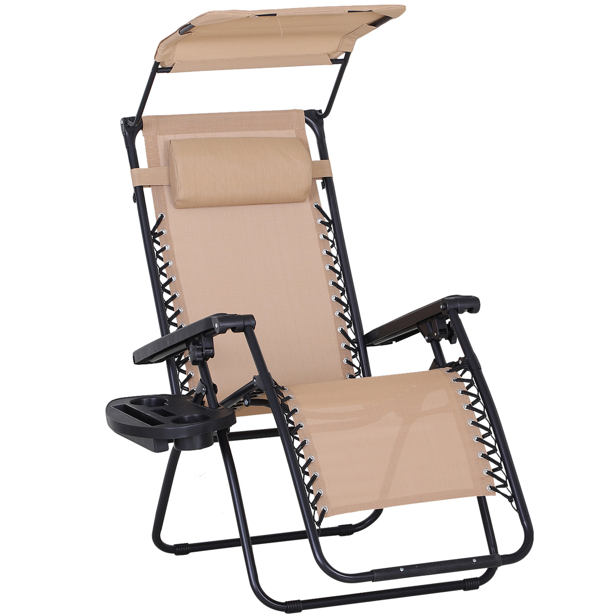 Zero Gravity Garden Deck Folding Chair Patio Sun Lounger Reclining Seat with Cup Holder & Canopy Shade - Beige - Life Essentials