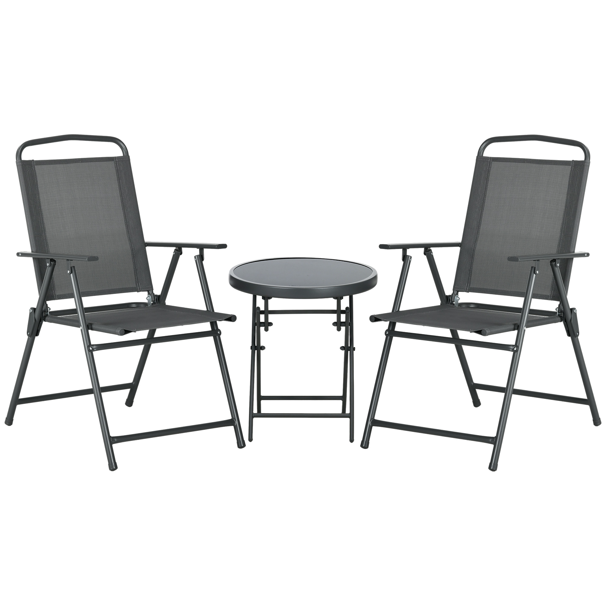 3 Pcs Garden Table and Chairs, Outdoor Bistro Set, Patio Conversation Furniture Set w/ Foldable Armchairs & Glass Top Coffee Table, Dark Grey - Life 