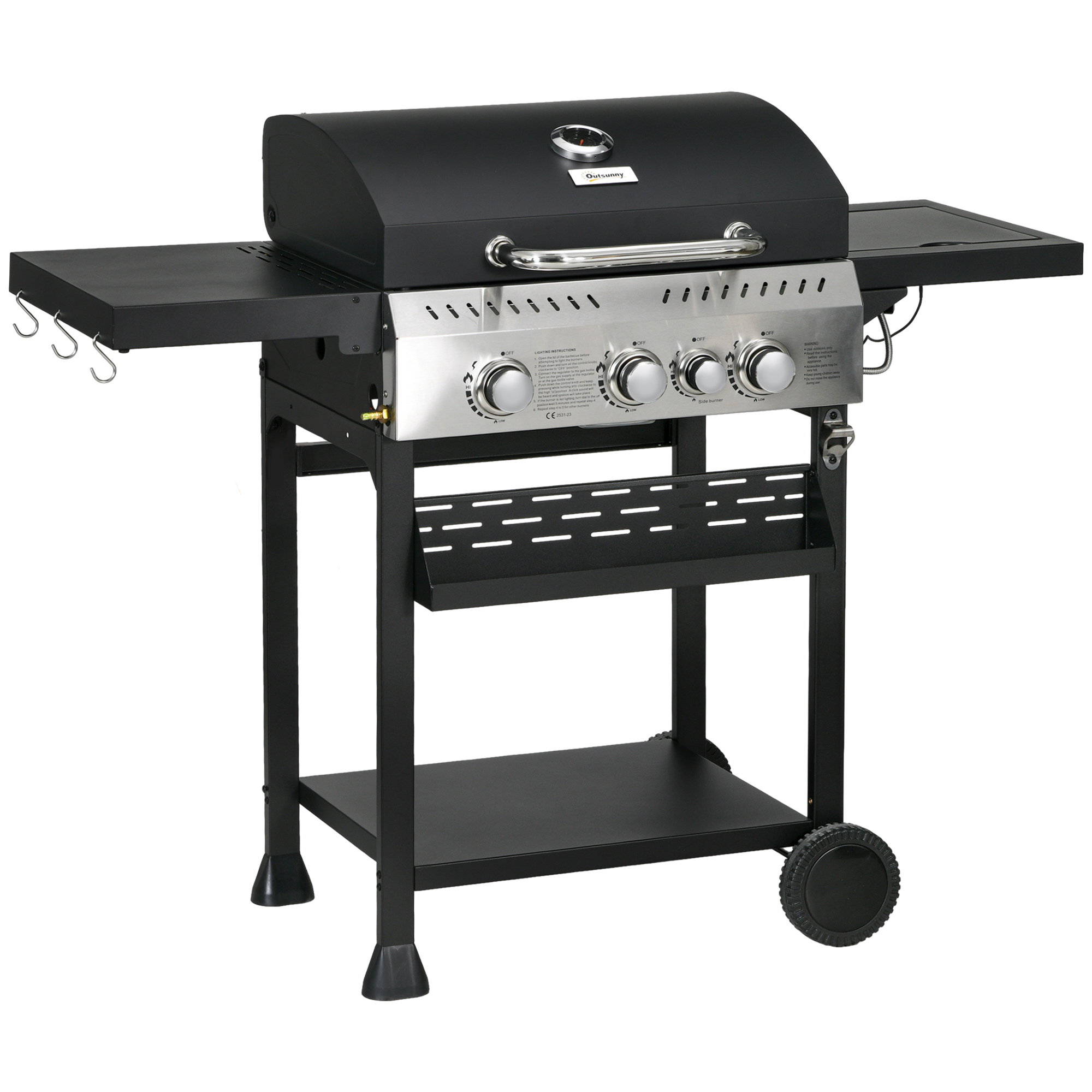 Galvanised Steel 3+1 Gas Burner BBQ Grill Trolley, Black - Life Essentials