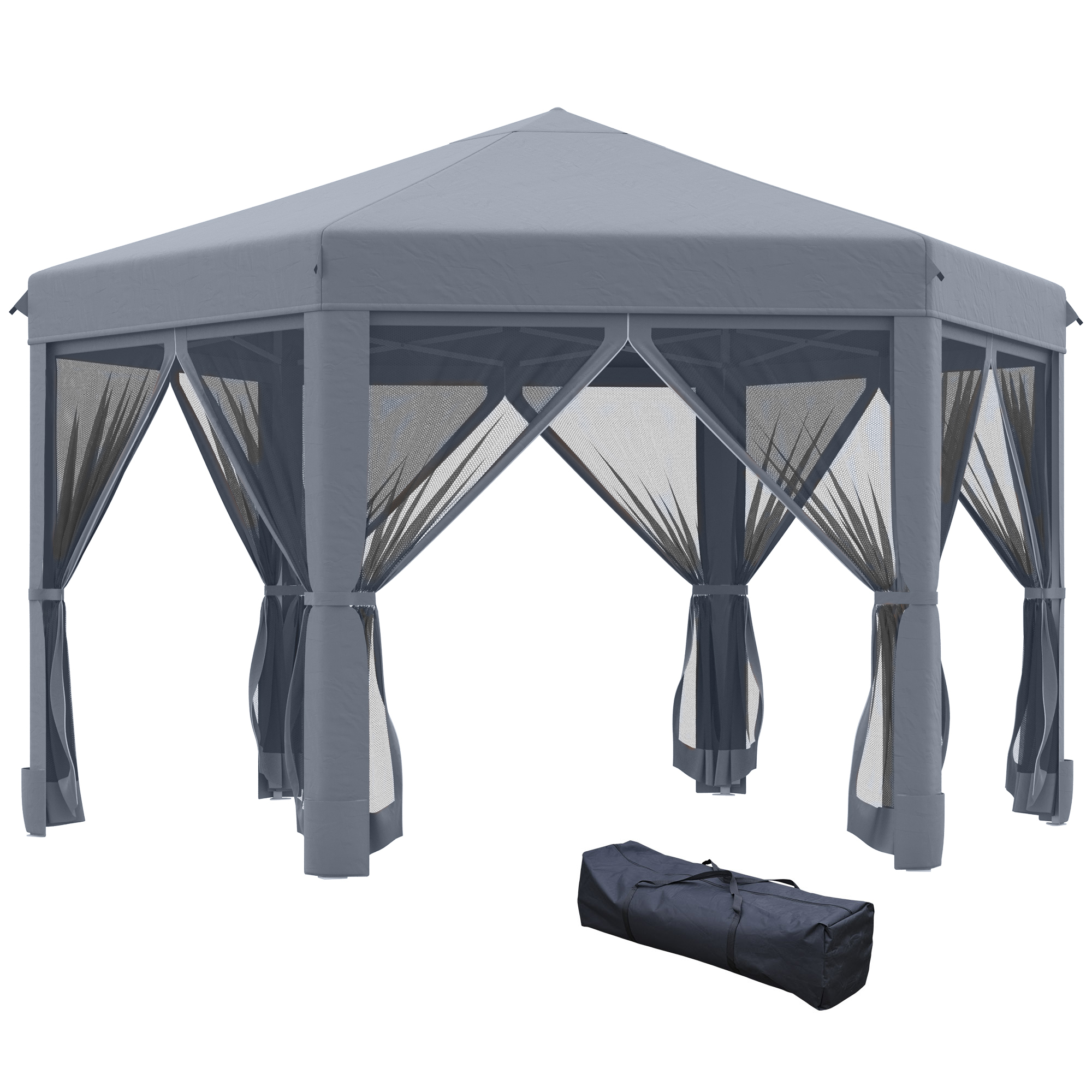 3.2m Pop Up Gazebo Hexagonal Canopy Tent Outdoor Sun Protection with Mesh Sidewalls, Handy Bag, Grey - Life Essentials