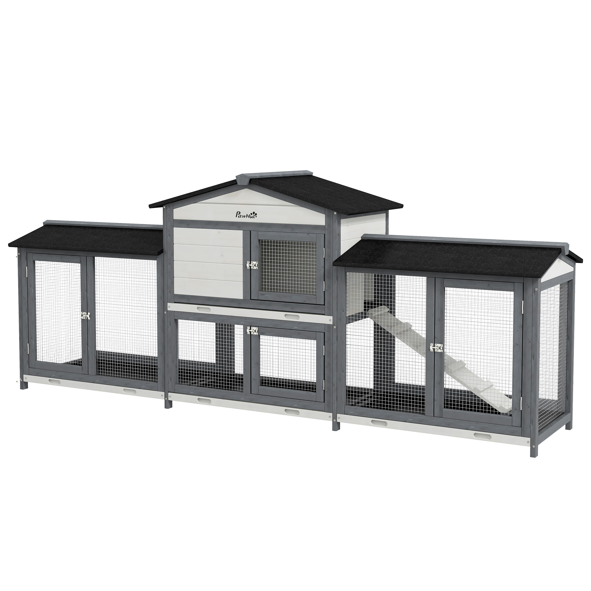 PAWSTER 2-Tier Large Rabbit Hutch Outdoor with Double Side Run Boxes, No-leak Plastic Tray, Ramp, 230 x 53 x 93.5cm, Light Grey - Life Essentials