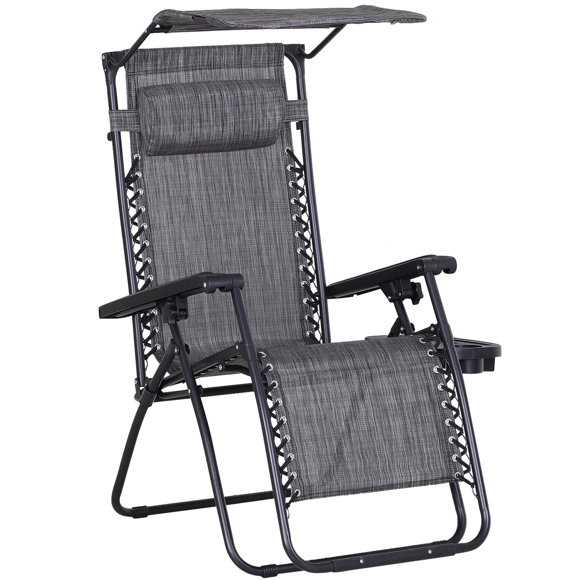 Zero Gravity Garden Deck Folding Chair Patio Sun Lounger Reclining Seat with Cup Holder & Canopy Shade - Grey - Life Essentials