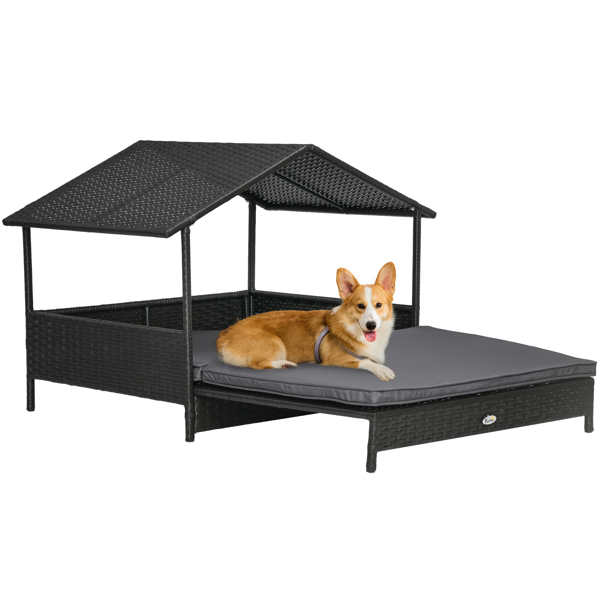 Extendable Elevated Dog Bed, Rattan Dog House w/ Water-Resistant Roof, Removable Cushion, for Small, Medium Dogs - Grey - Life Essentials