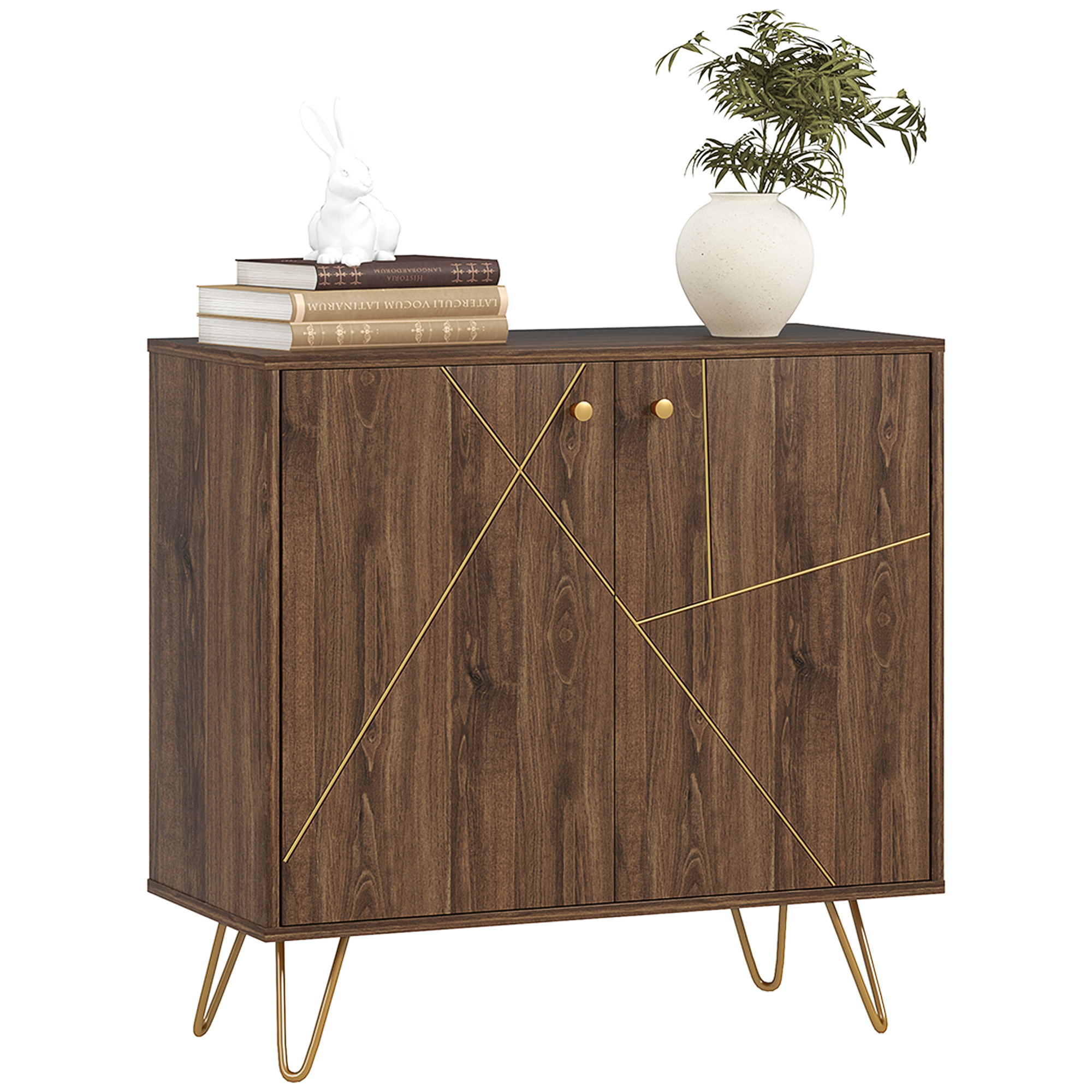 HERON Sideboard Storage Cabinet with Golden Lines, Modern Luxury Living Room Cabinet with Adjustable Shelf, Steel Harpin Legs, Brown - Life Essentials
