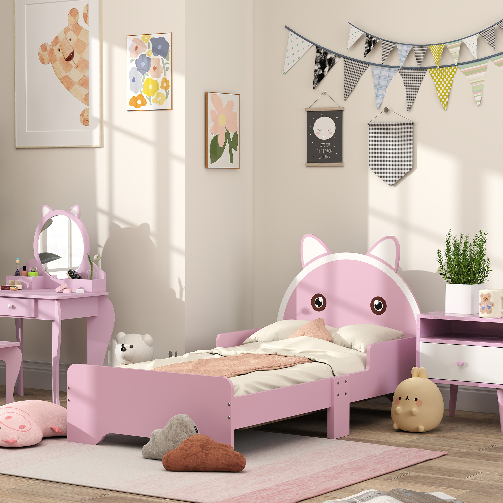 ZONEKIZ Bed for Kids Cat Design Toddler Bed Frame Bedroom Furniture with Guardrails, for 3-6 Years, 143L x 74W x 72Hcm - Pink - Life Essentials