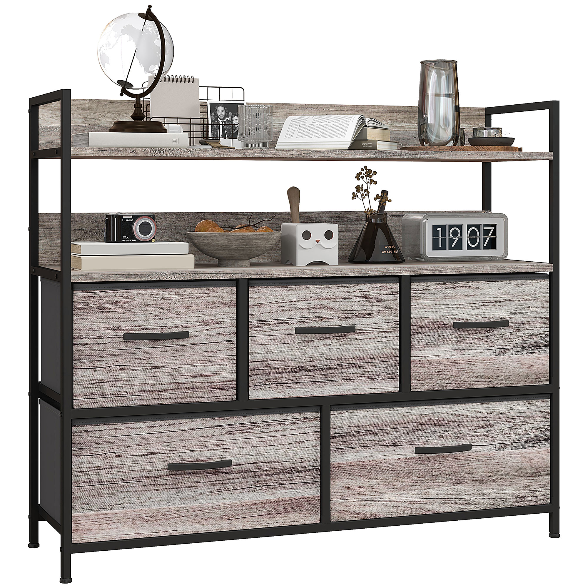 WENZA Grey Chest of Drawers - Large-sized, 5 Drawers, Fabric - Life Essentials