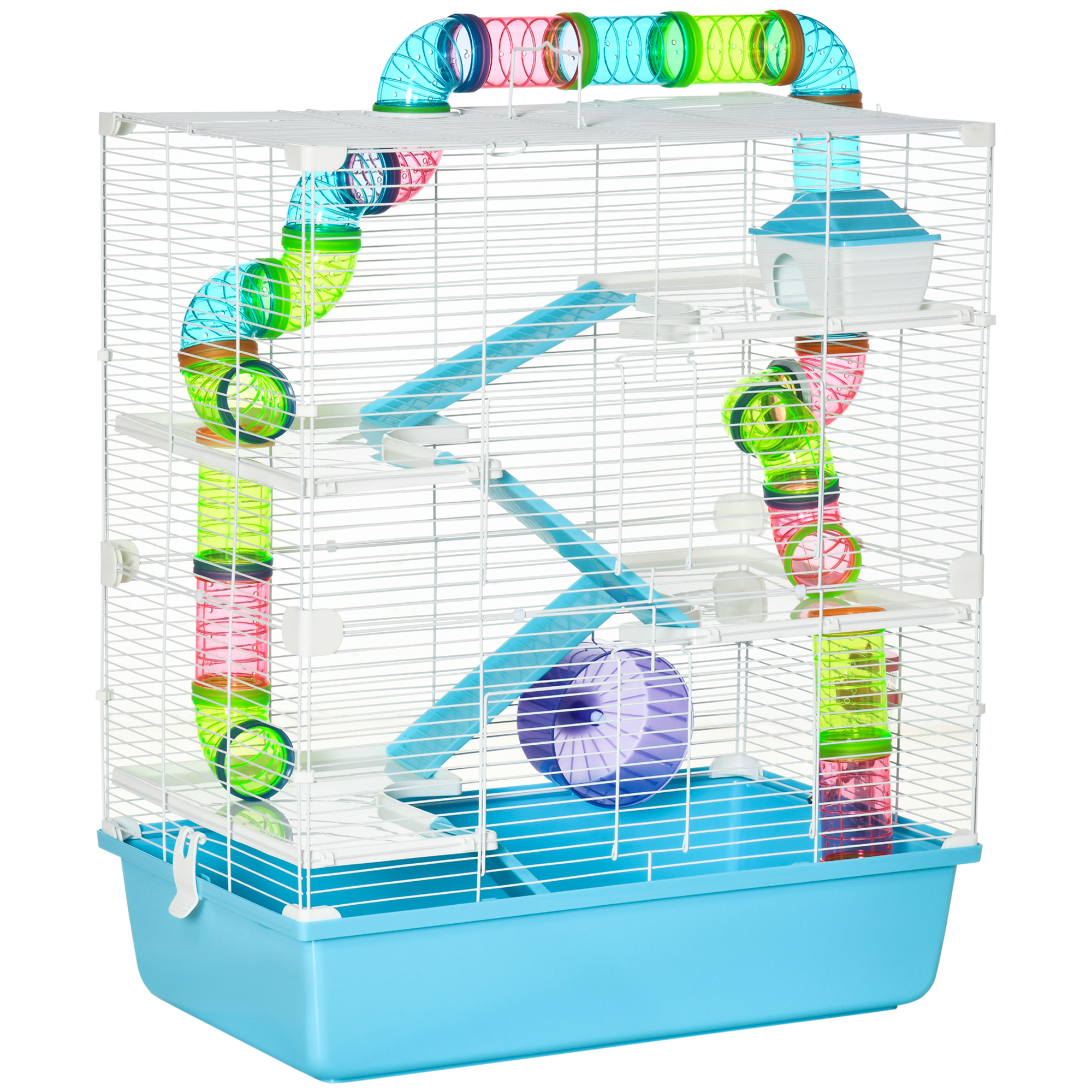 PAWSTER Hamster Cage w/ Water Bottle, Exercise Wheel, Tubes, Ramps - Light Blue - Life Essentials