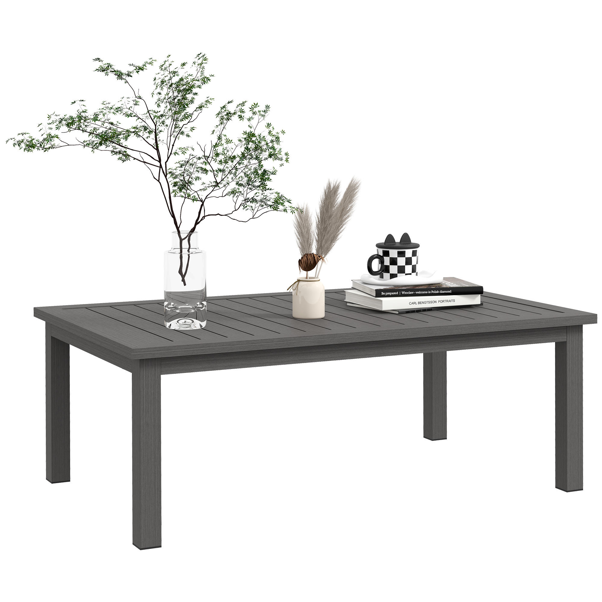 Aluminium Outdoor Side Table, Slat Patio Coffee Table with Wood Grain Effect for Garden, Balcony, 100cm x 60cm, Brown - Life Essentials