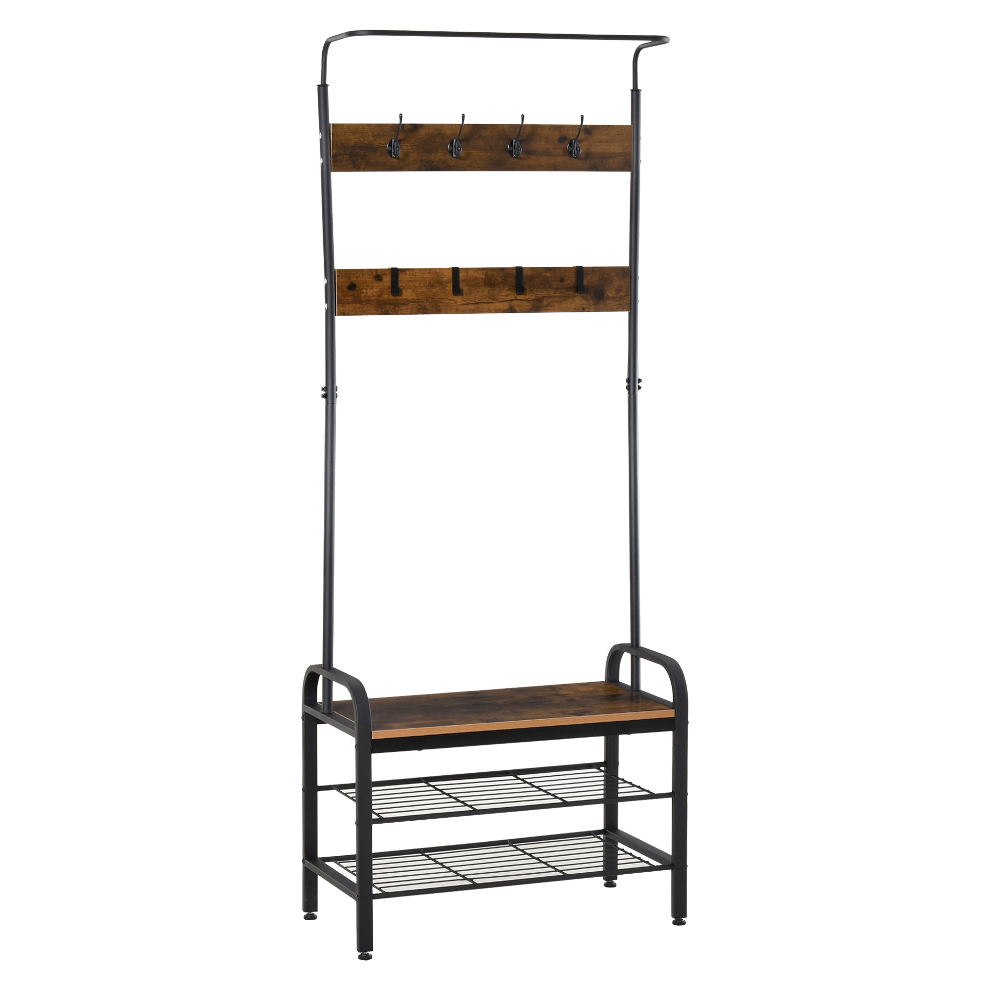 Coat Rack Stand Industrial hallway Shoe Rack Removable Hooks Metal Wood Hangers Storage Cabinet Rustic Brown 72L x 34W x 185H(cm) - Life Essentials