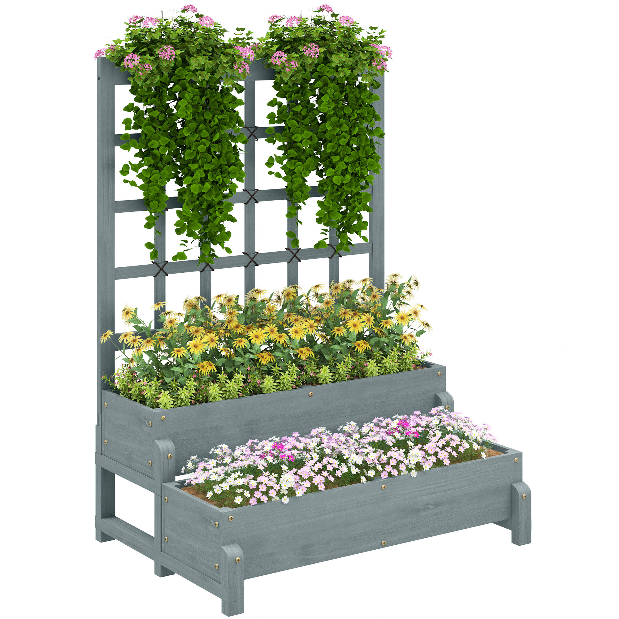 SUNVISTA 2-Tier Raised Garden Bed with Trellis, Wooden Planter Box with Drainage, Grey - Life Essentials