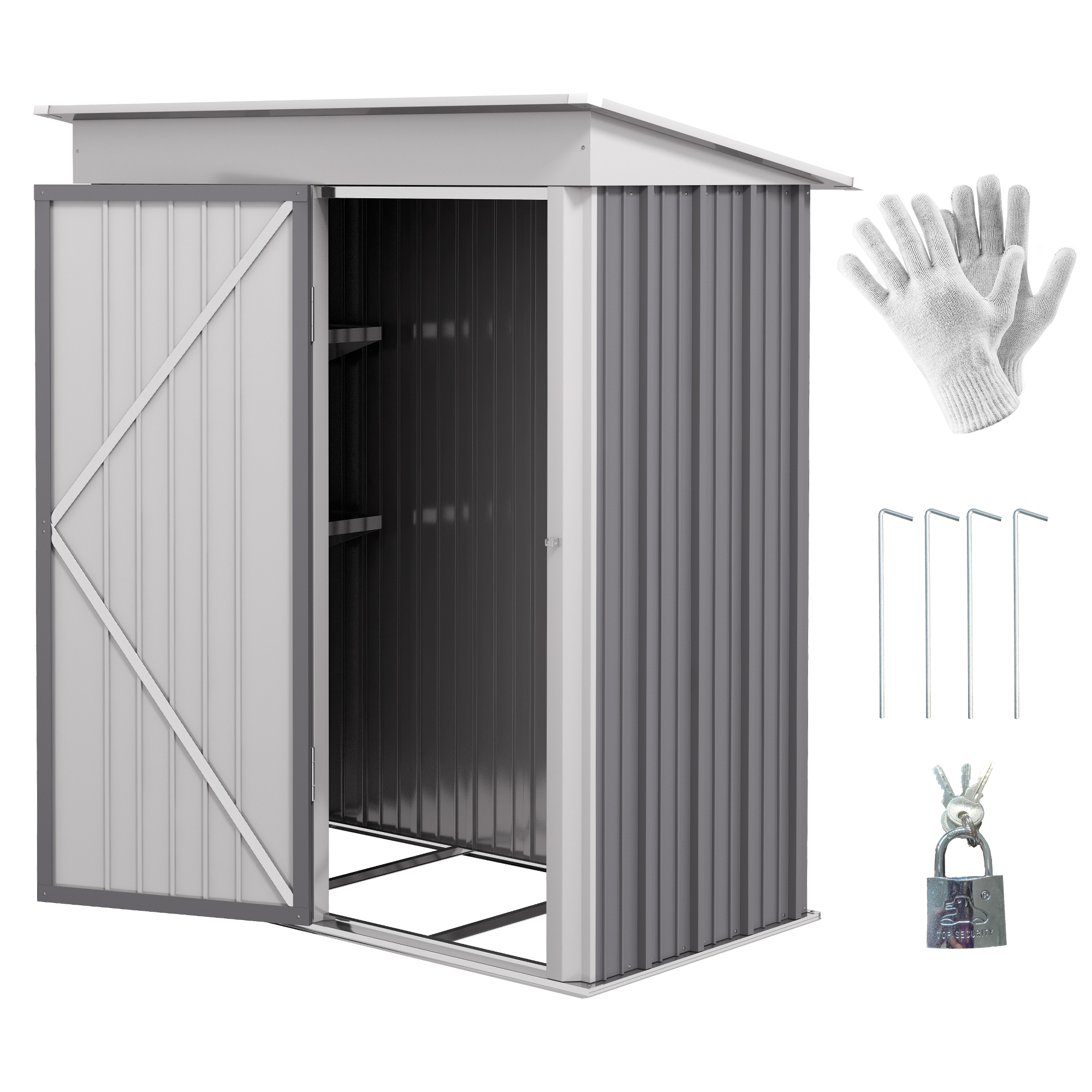 Metal Garden Shed, Outdoor Lean-to Shed for Tool Motor Bike, with Adjustable Shelf, Lock, Gloves, 5'x3'x6', Grey - Life Essentials