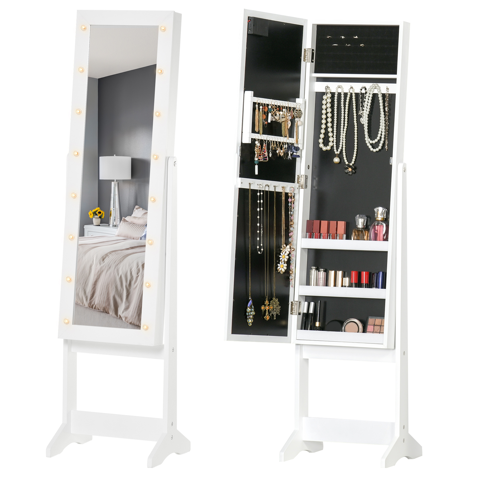 Free Standing LED Mirror Jewelry Cabinet Jewellery Armoire Floor Organiser W/ 3 Angle Adjustable for Rings Earrings Bracelets Cosmetics, White - Life 