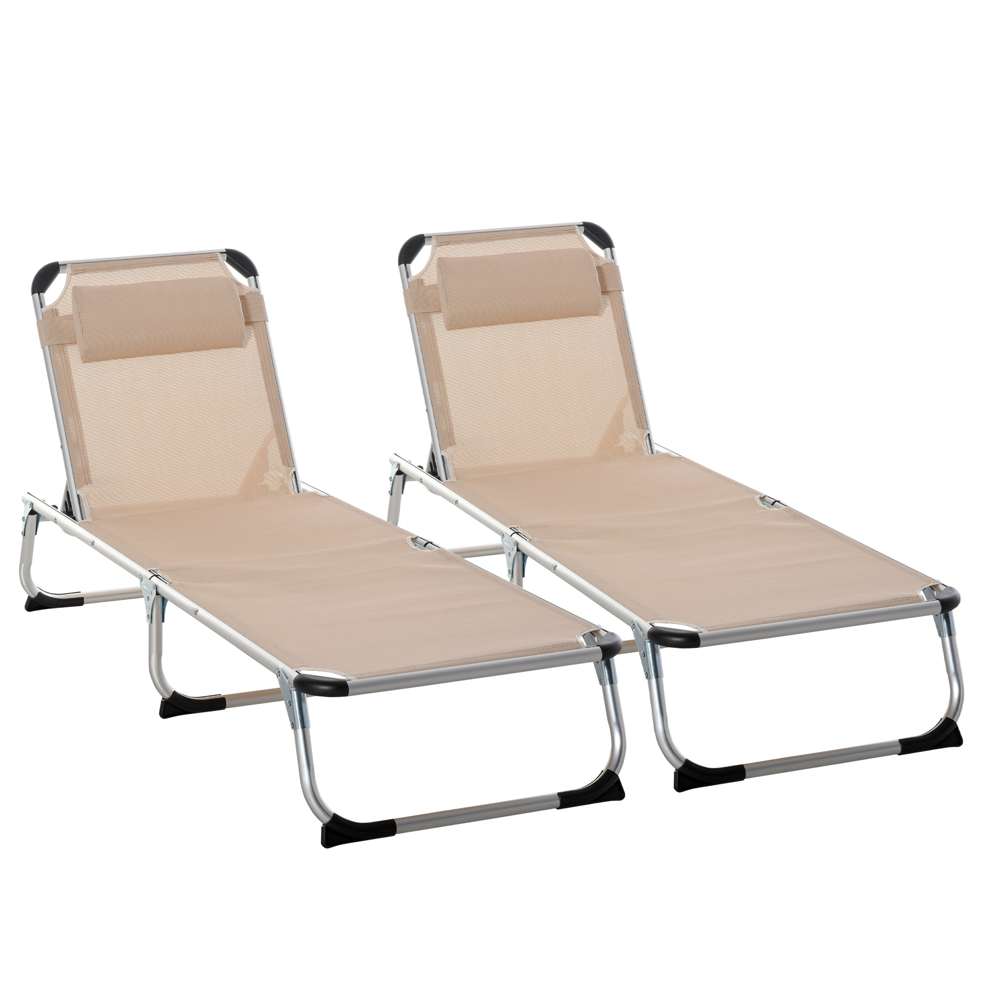 2 Pieces Foldable Sun Lounger with Pillow, 5-Level Adjustable Reclining Lounge Chair, Aluminium Frame Camping Bed Cot, Khaki - Life Essentials