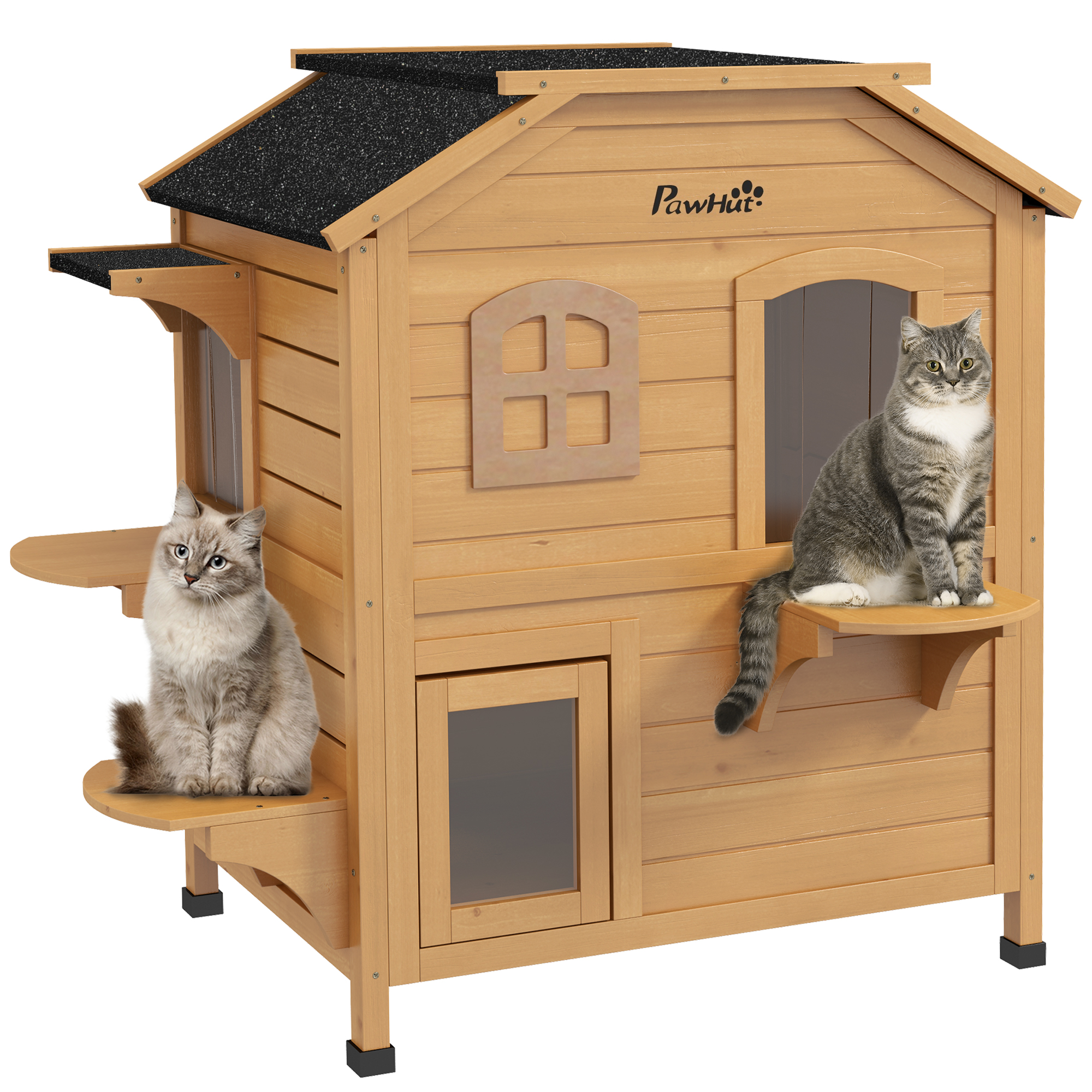 Wooden Cat House Condos Cat Cave Pet Shelter 2 Floor Villa Outdoor Furniture Natural Wood Finish - Life Essentials