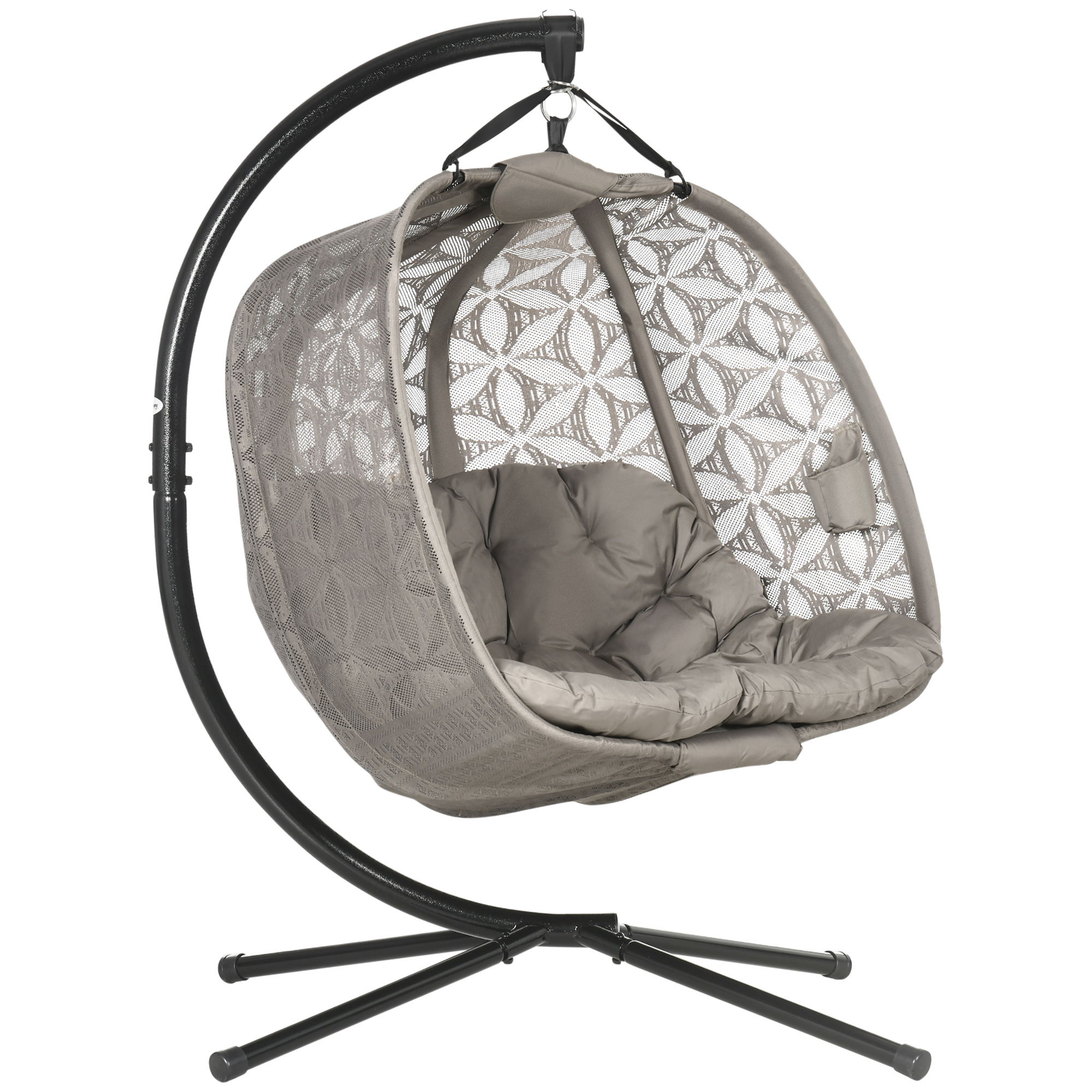 Outdoor Double Hanging Chair, Swing Chair with Metal Stand, Thick Padded Cushion, Foldable Basket Cup Holders for Indoor Outdoor, Sand Brown - Life 