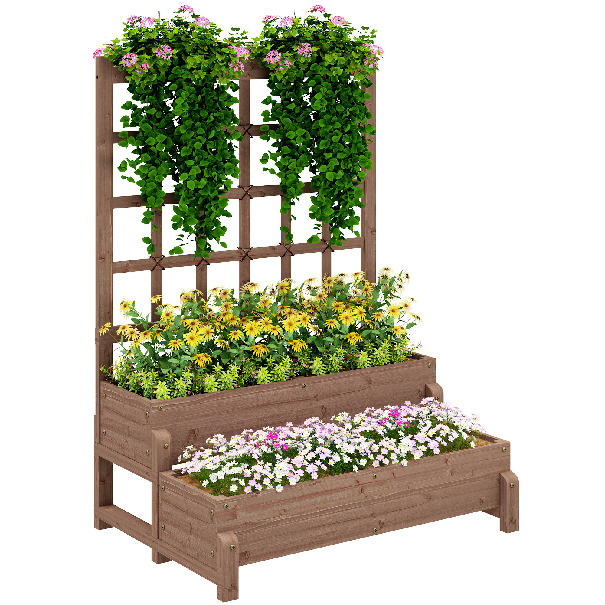 SUNVISTA 2-Tier Raised Garden Bed with Trellis, Wooden Planter Box with Drainage, Brown - Life Essentials