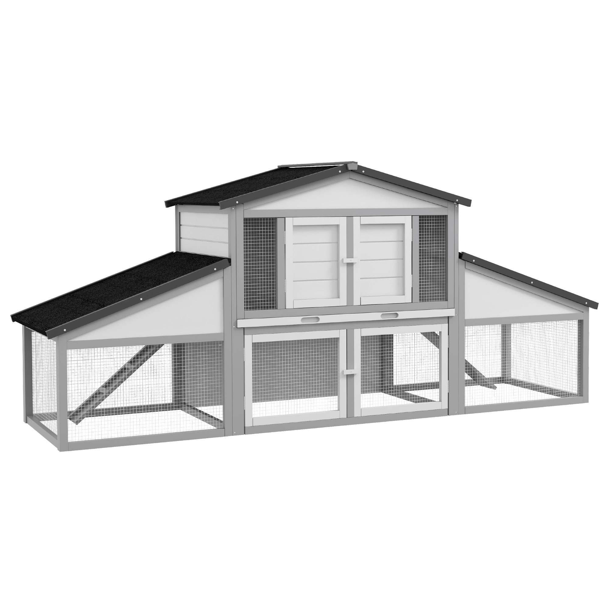 Large Rabbit Hutch with Run, Outdoor Bunny Cage, with Tray, Ramp - Light Grey - Life Essentials