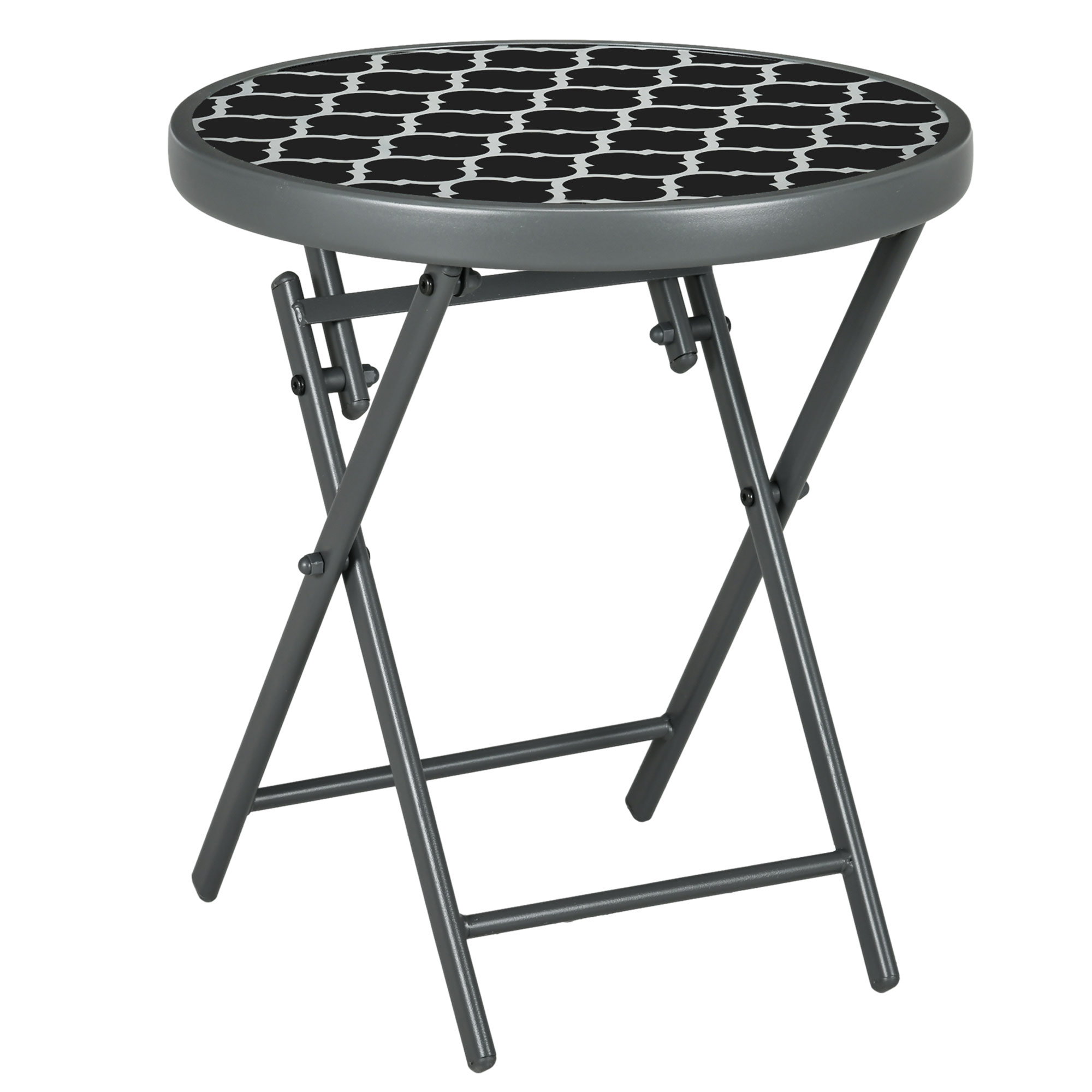 Î 45cm Outdoor Side Table, Round Folding Patio Table with Imitation Marble Glass Top, Small Coffee Table, Black - Life Essentials