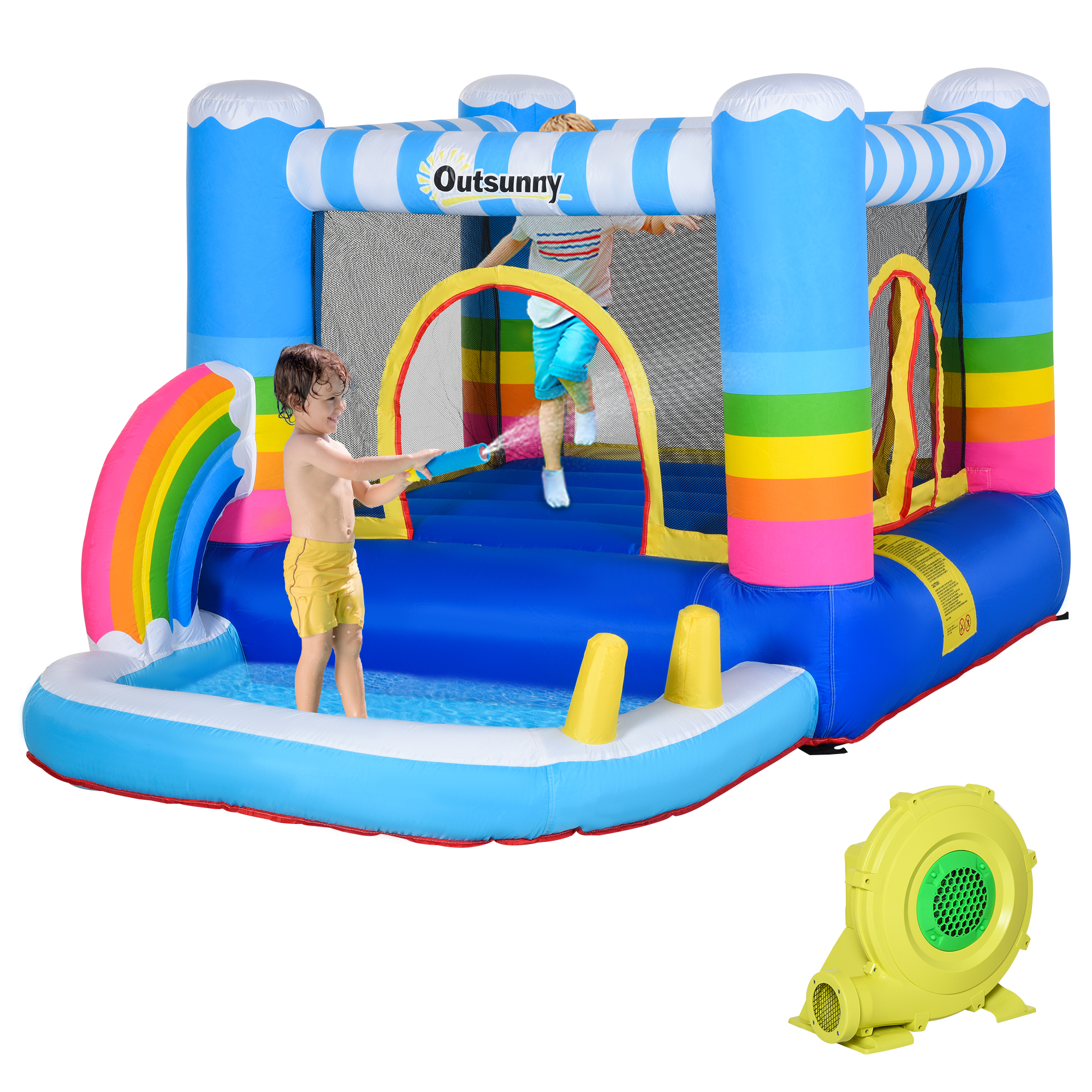 Kids Bouncy Castle House Inflatable Trampoline Water Pool 2 in 1 with Blower for Kids Age 3-12 Rainbow Design 2.9 x 2 x 1.55m - Life Essentials