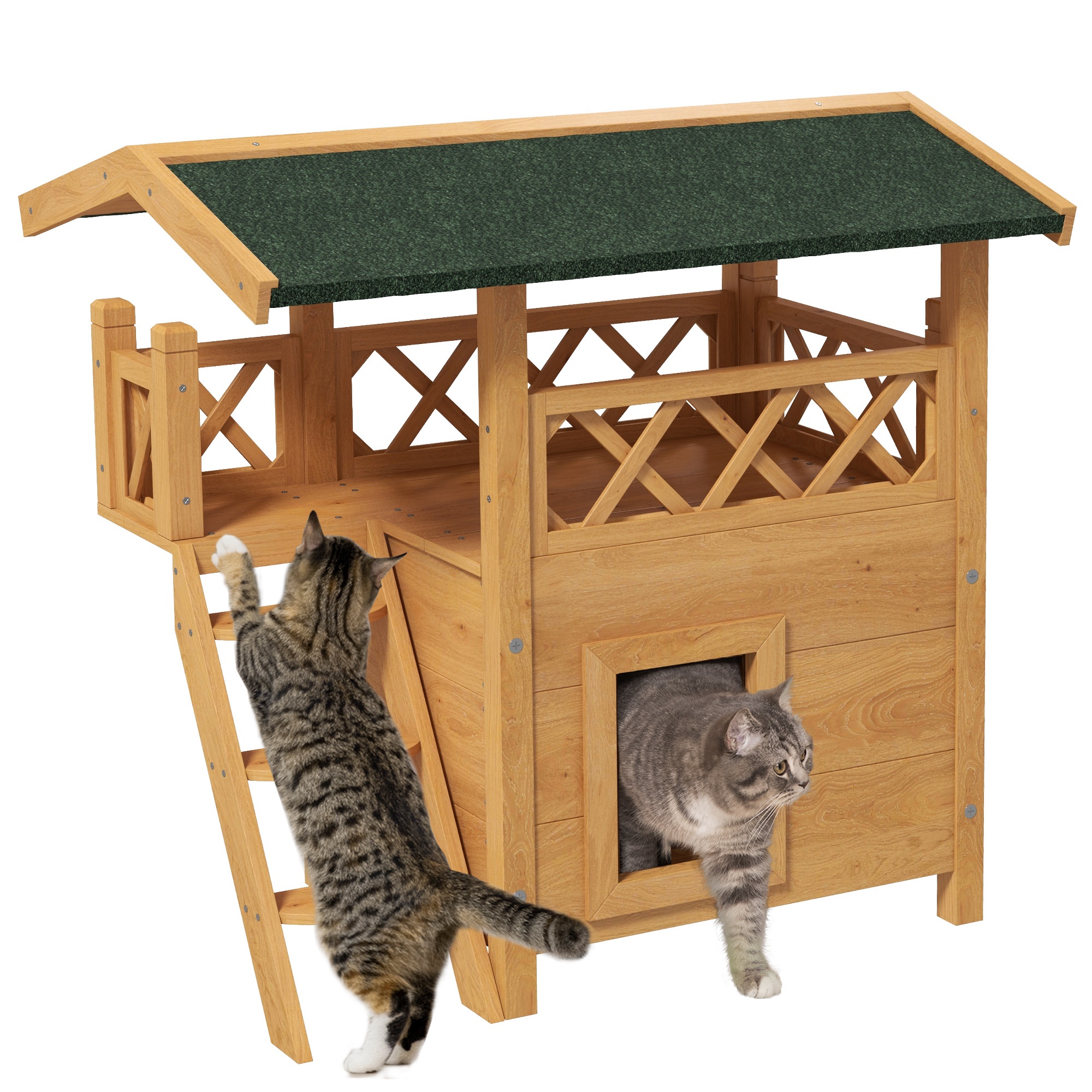 Natural Outdoor Cat House with Balcony Stairs Roof - Life Essentials