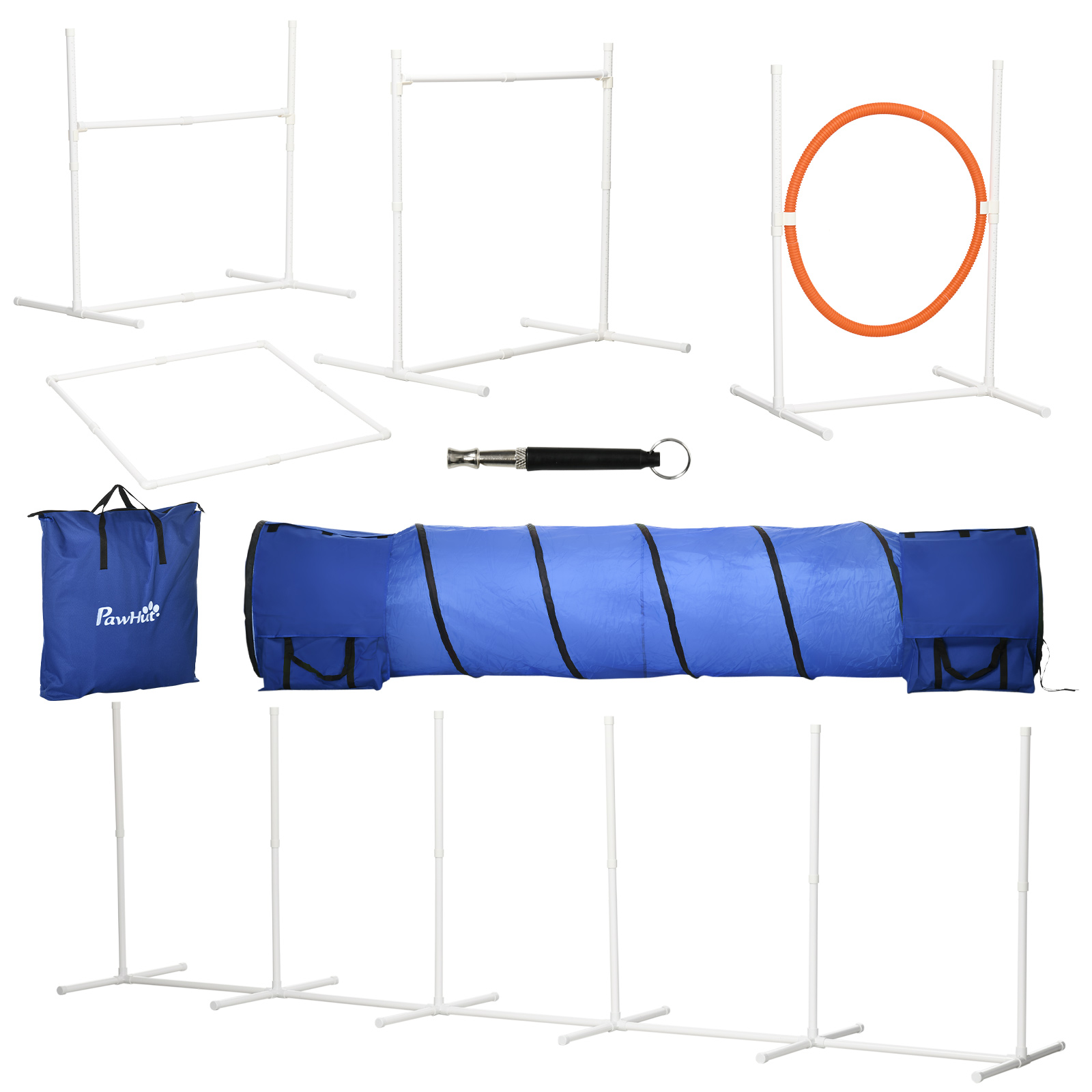 6-Piece Dog Agility Equipment Set with 3(m) Long Tunnel & Canine Whistle, Pause Box, Jumps, Weave Poles, Multicolour - Life Essentials