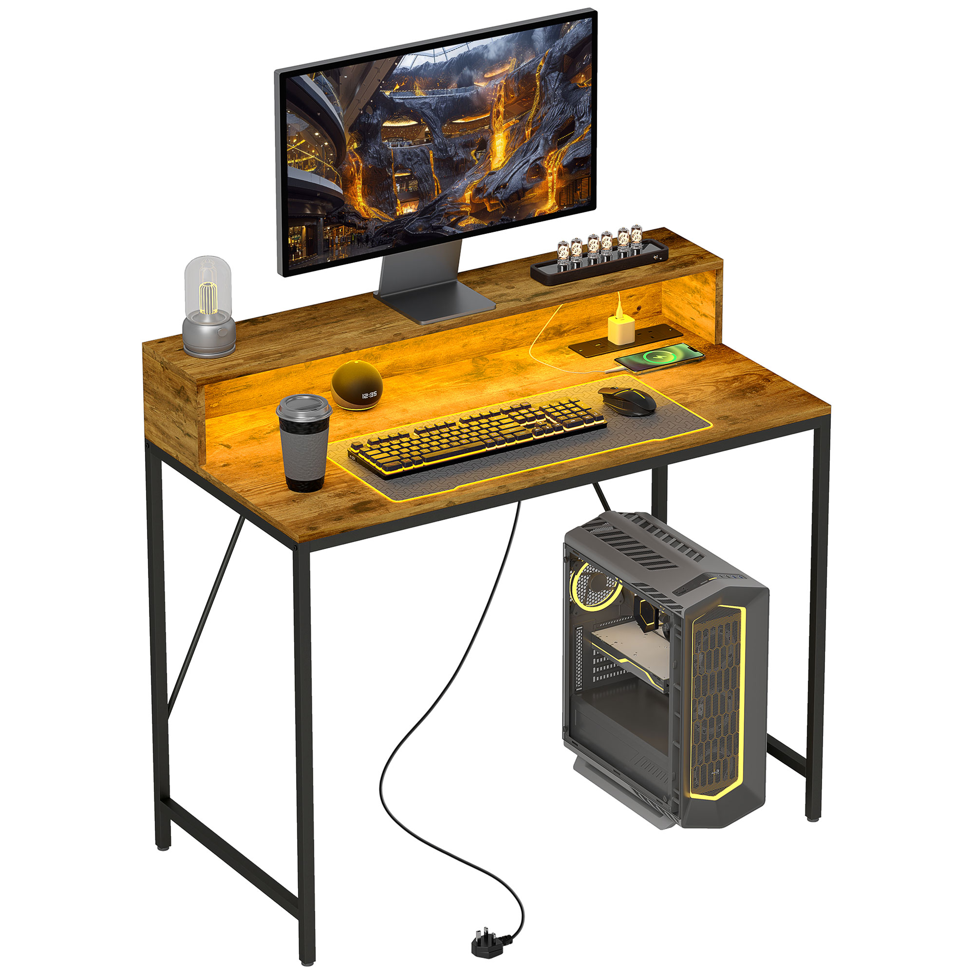HERON 100cm Computer Desk with LED Lights and Power Outlets, Rustic Brown - Life Essentials