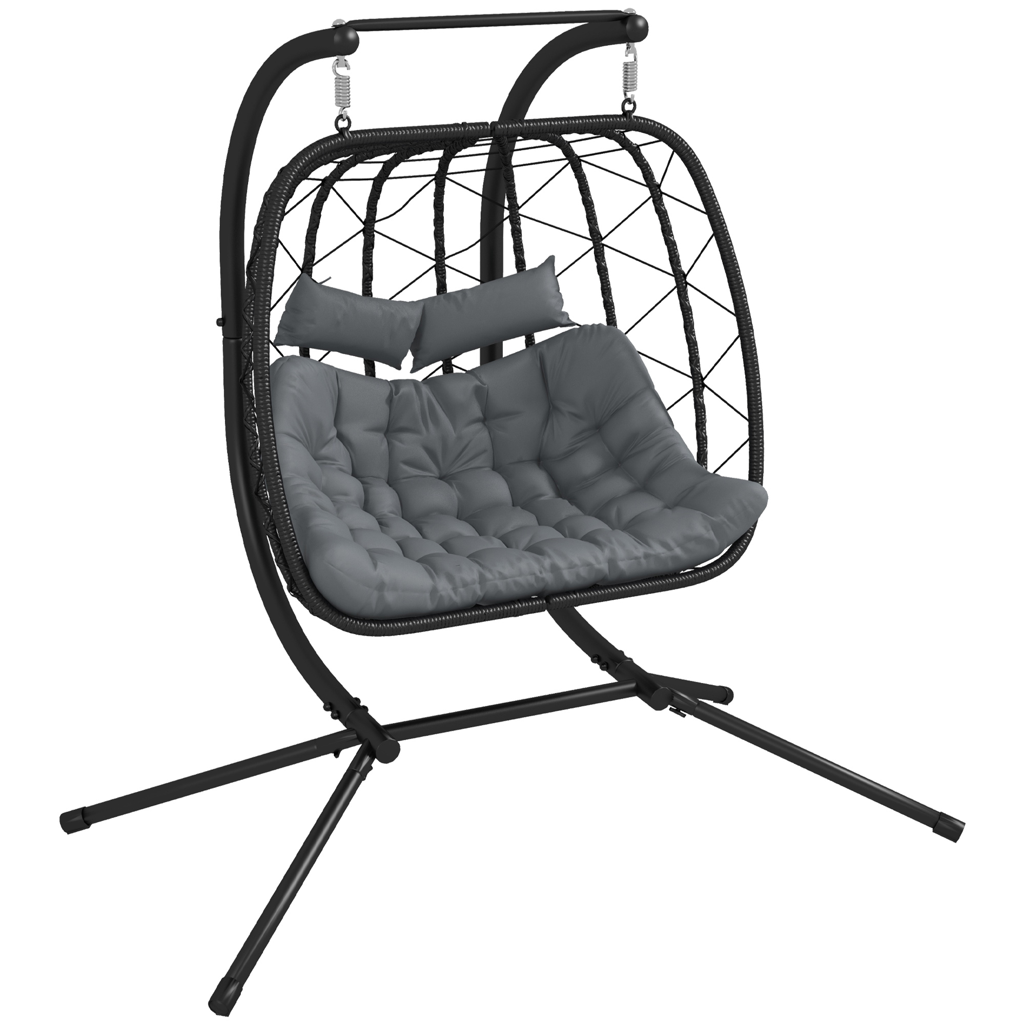 Outdoor PE Rattan Double-seater Swing Chair w/ Thick Padded Cushion, Patio Hanging Chair for 2 w/ Metal Stand, Headrest, Black - Life Essentials