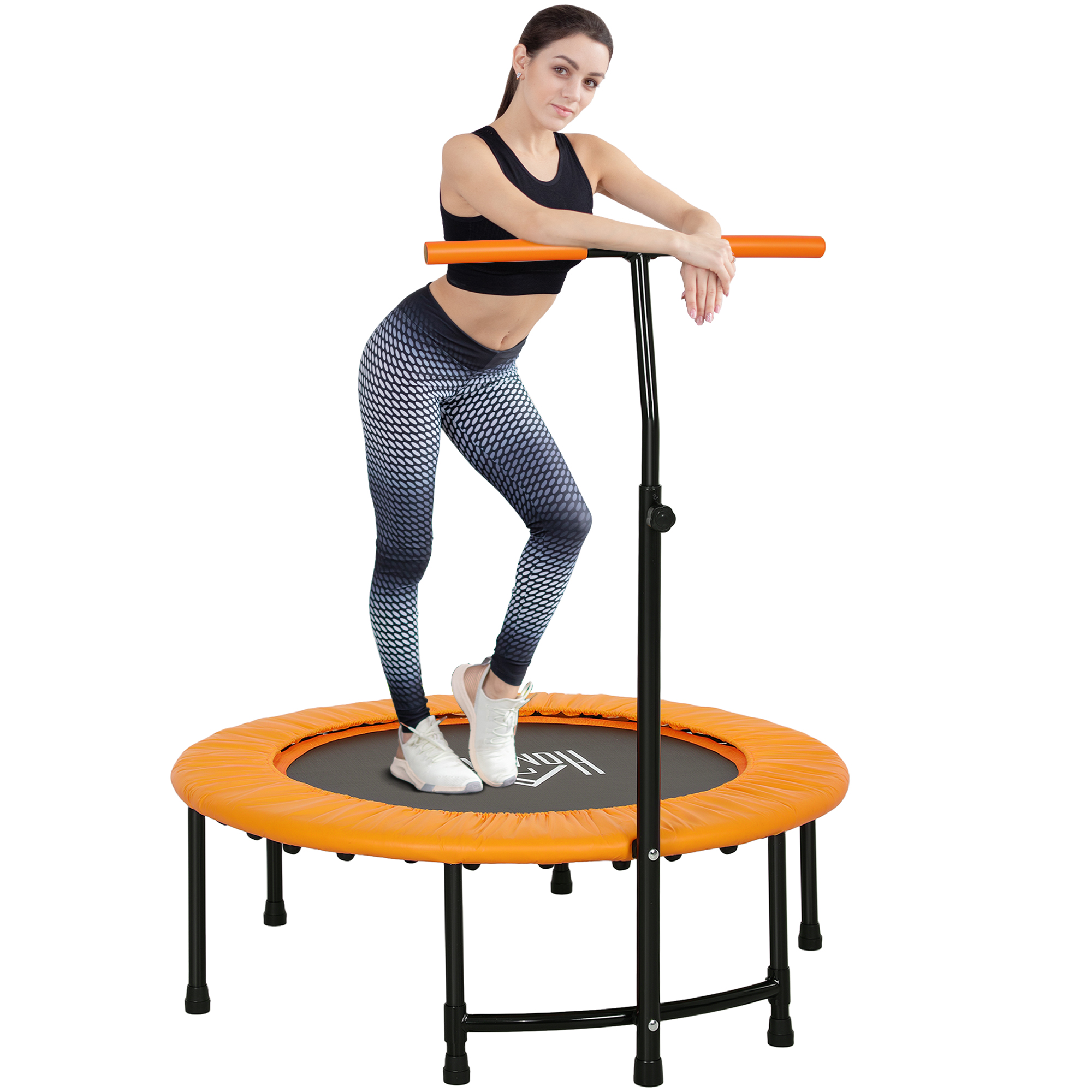 HERON 40" Fitness Trampoline with Adjustable Handle, Rebounder Trampoline Mini Jumper for Indoor Exercise Workout, Support Up to 100kg, Orange - Life 