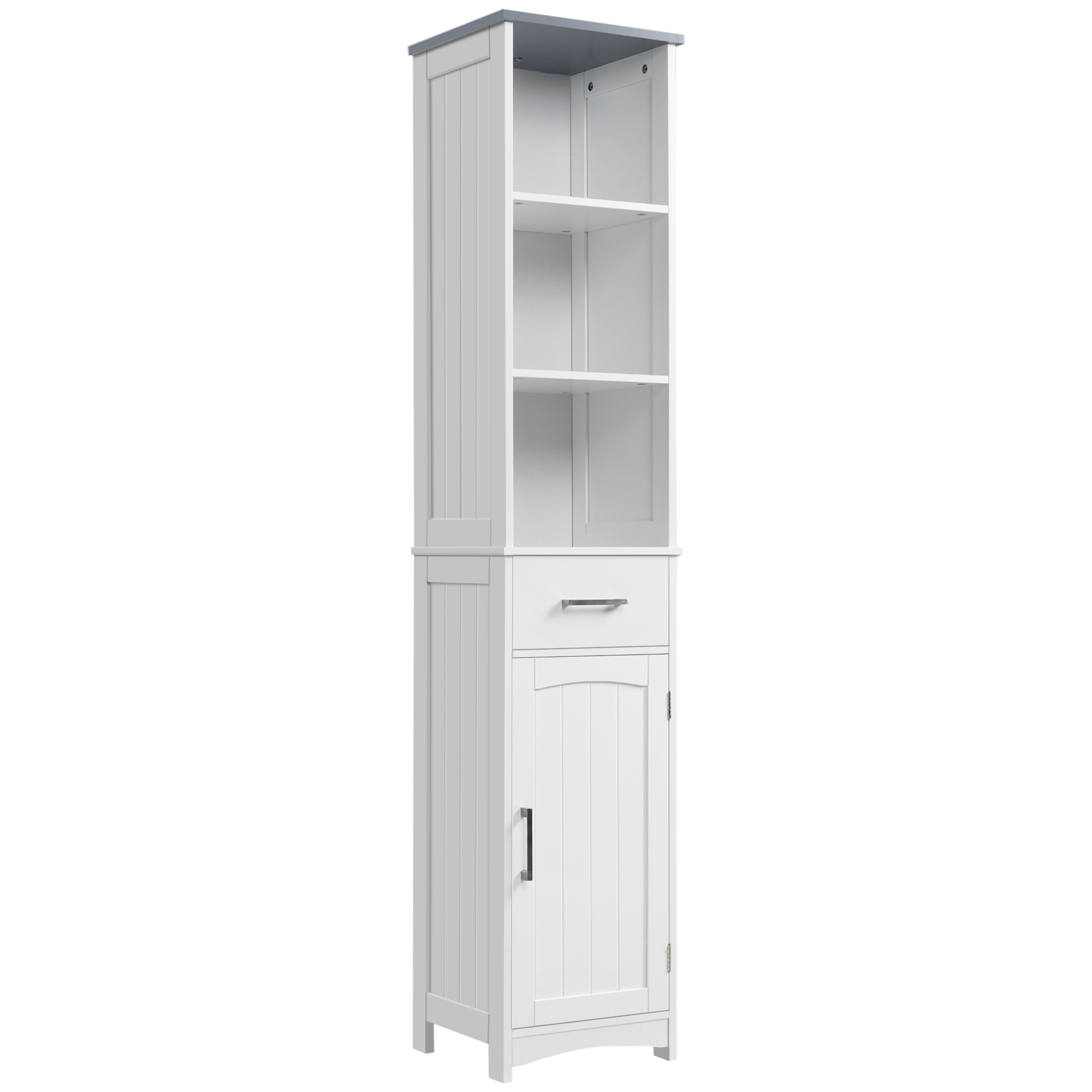 Tall Bathroom Storage Cabinet with 3 Tier Shelf, Cupboard, Drawer, Door, Freestanding Linen Tower, Slim Side Organizer, White - Life Essentials
