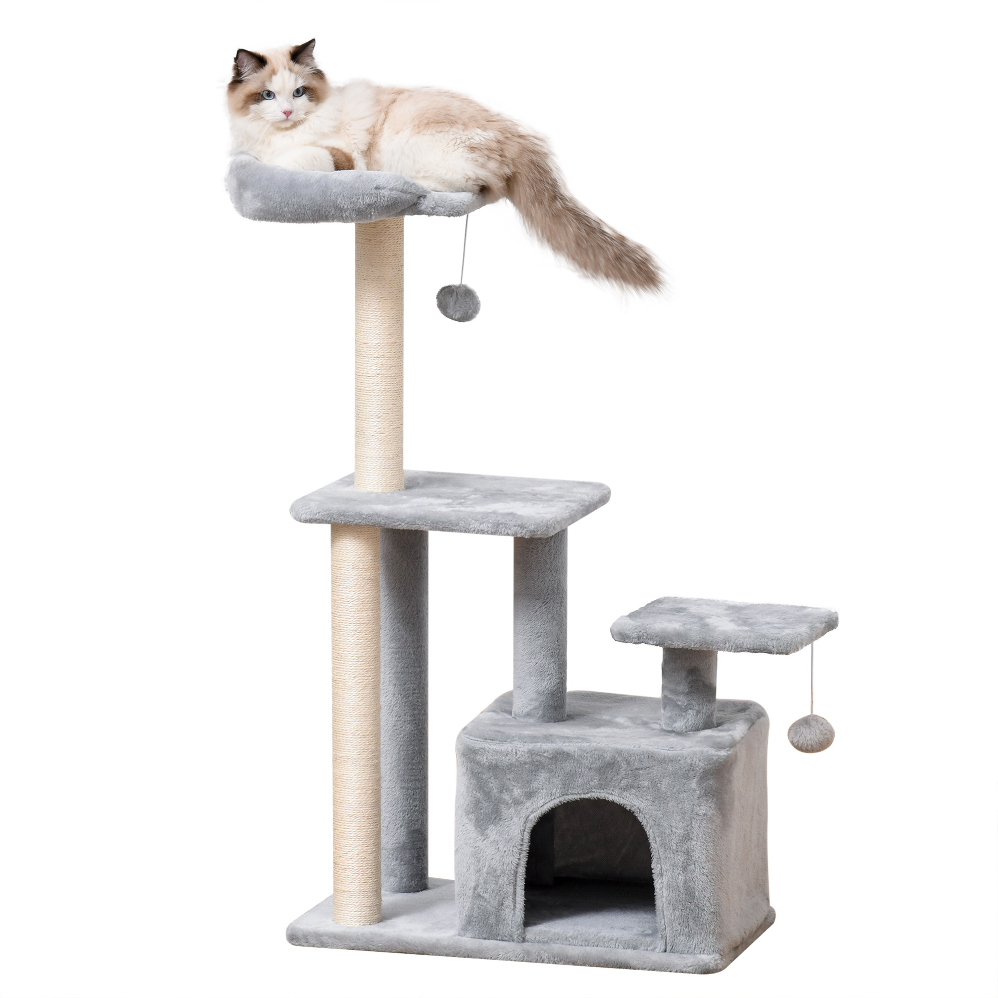 Cat tree Tower 114cm Climbing Activity Centre Kitten with Sisal Scratching Post Perch Hanging Ball Condo Toy Light Grey - Life Essentials