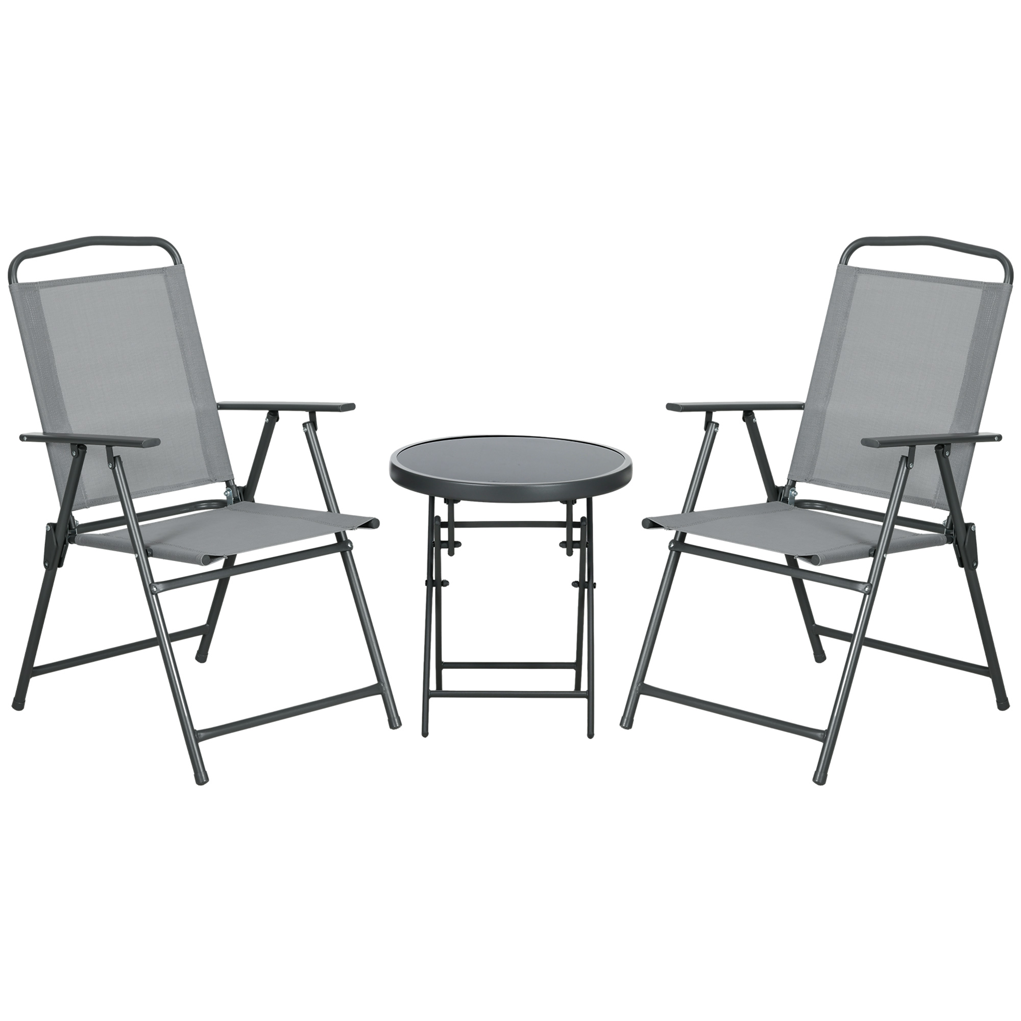 3 Pcs Garden Table and Chairs, Outdoor Bistro Set, Patio Conversation Furniture Set w/ Foldable Armchairs, Glass Top Coffee Table, Light Grey - Life 