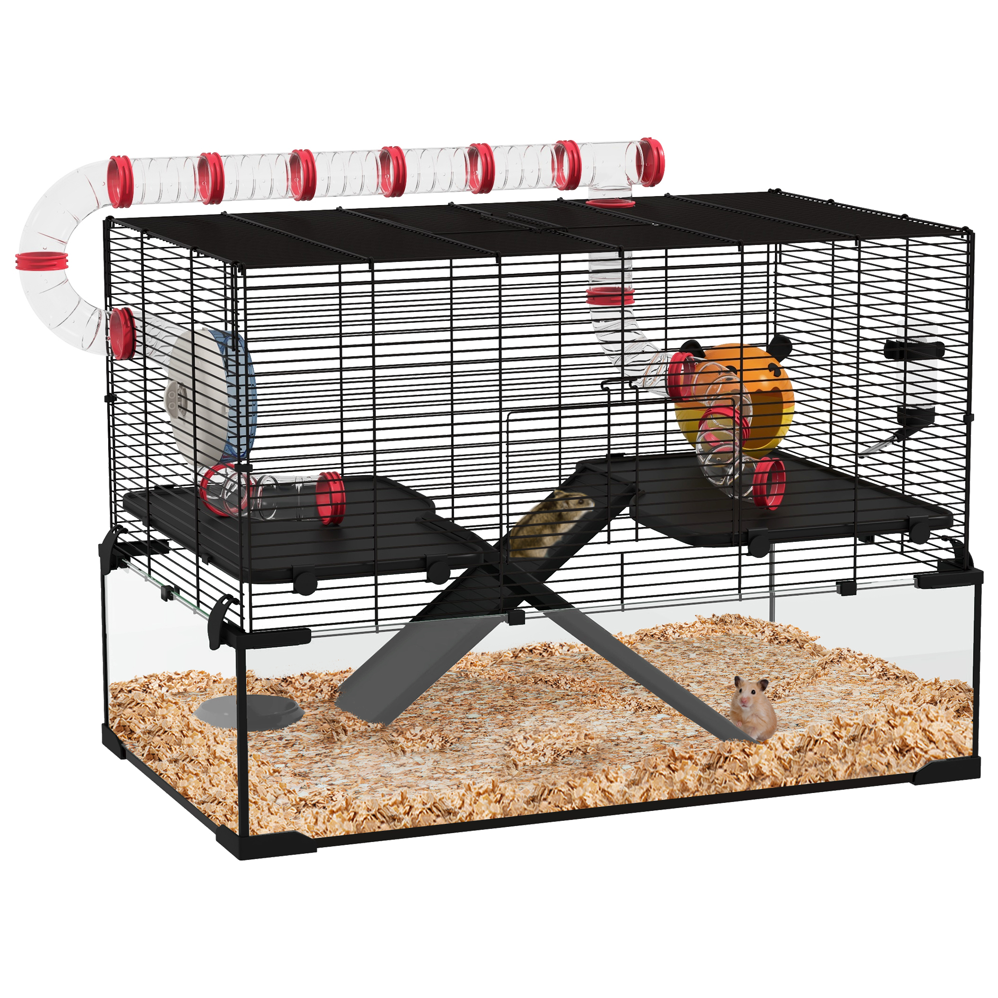 Gerbil Cage Dwarf Hamster with Deep Glass Bottom, Tunnels Tubes, Ramps, Hut, Exercise Wheel, 78.5 x 48.5 x 57cm - Life Essentials