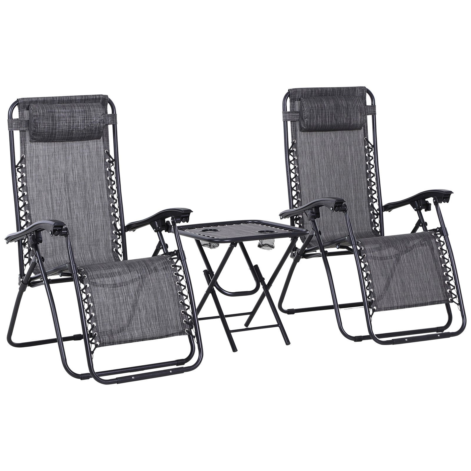 3pcs Folding Zero Gravity Chairs Sun Lounger Table Set w/ Cup Holders Reclining Garden Yard Pool, Light Grey - Life Essentials