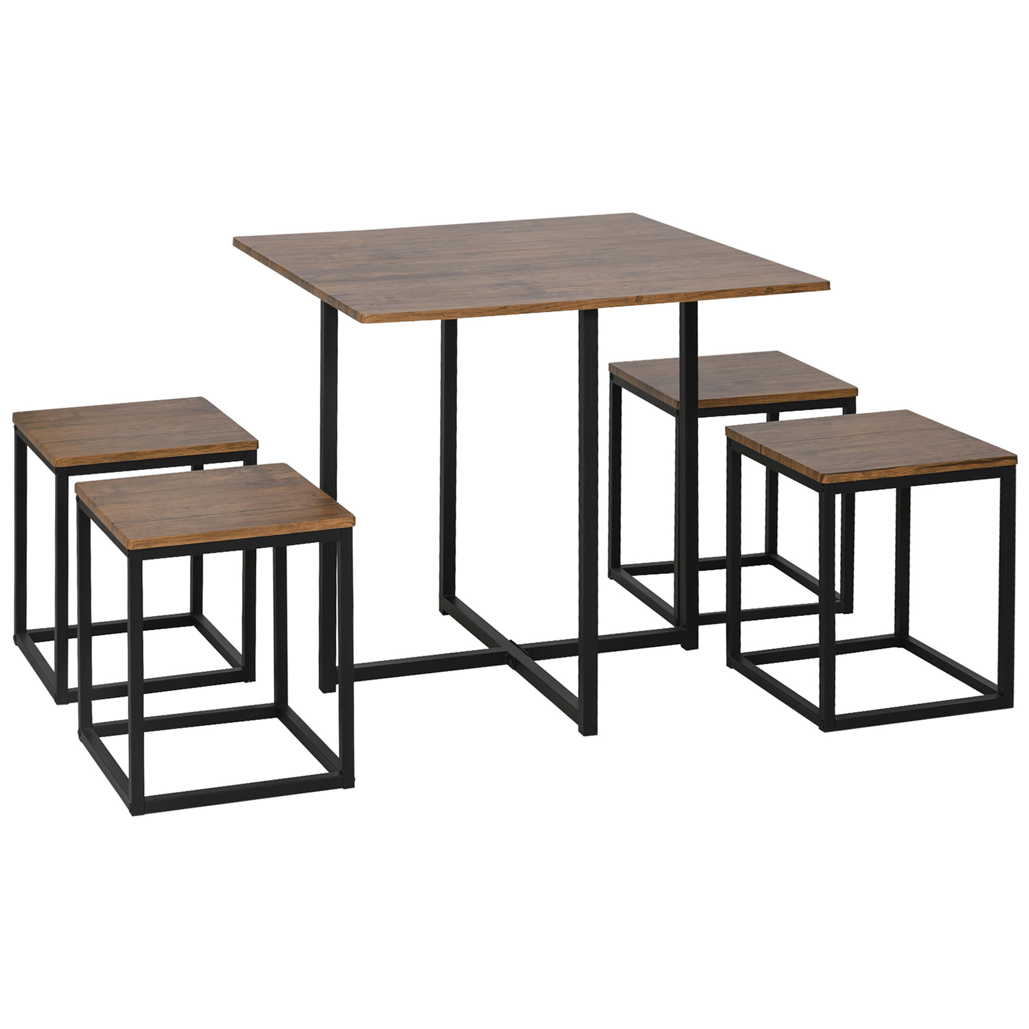 5 PCS Industrial Table & Stool Set w/ Metal Frame Home Dining Stylish Square Compact Seating Chair Beautiful Cool Black Brown - Life Essentials
